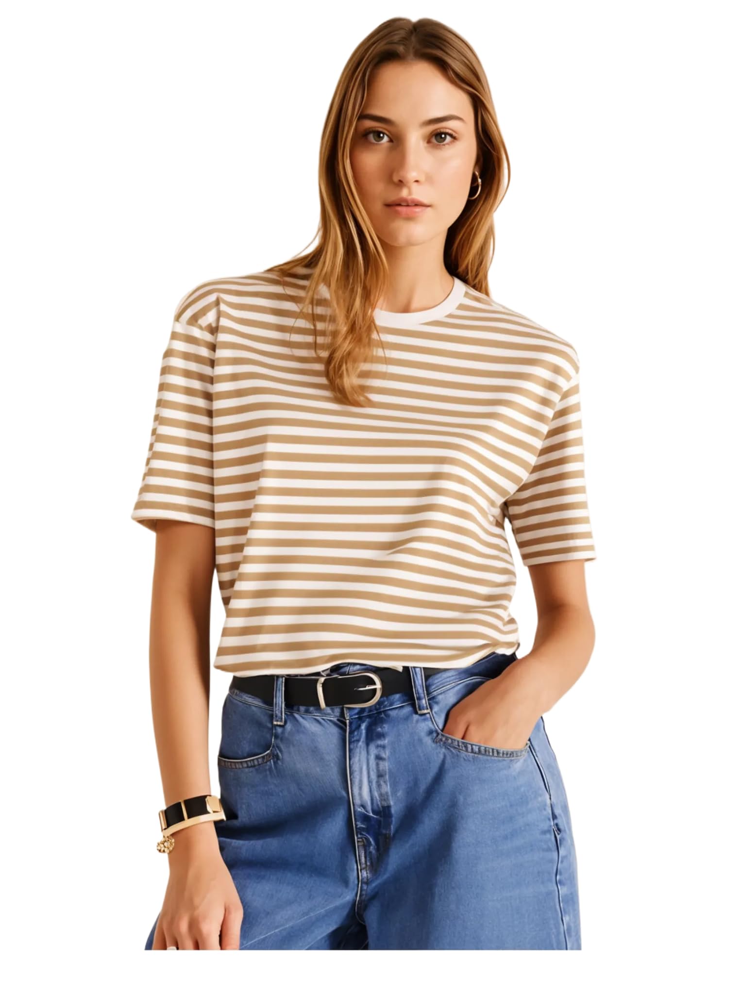 SNITCH Oversized | Loose Fit | Half Sleeves 100% Cotton Round Neck Striped T-Shirt for WOMEN-MACK640558 in neutral