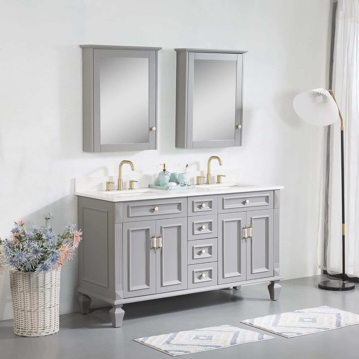 Front view of the WELLFOR 60-inch Titanium Grey bathroom vanity with double sinks, showing its elegant design and hardware.