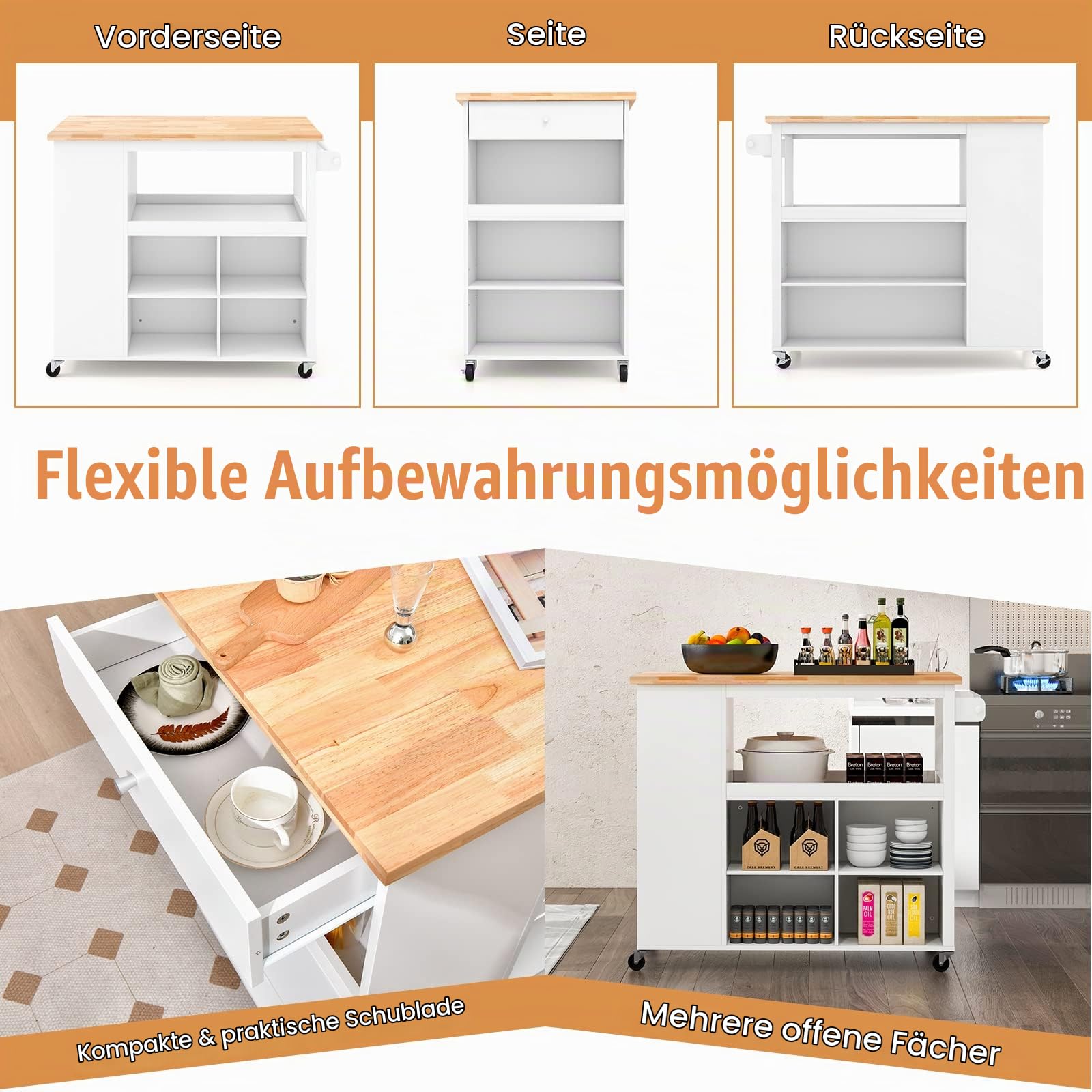 Giantex Küchenwagen, rollbar, mit Schublade, Küchenwagen mit verstellbaren Regalen & Handtuchhalter, Servierwagen, Kücheninsel, Aufbewahrung, moderner Stil, für Wohnzimmer/Küche (weiß)
