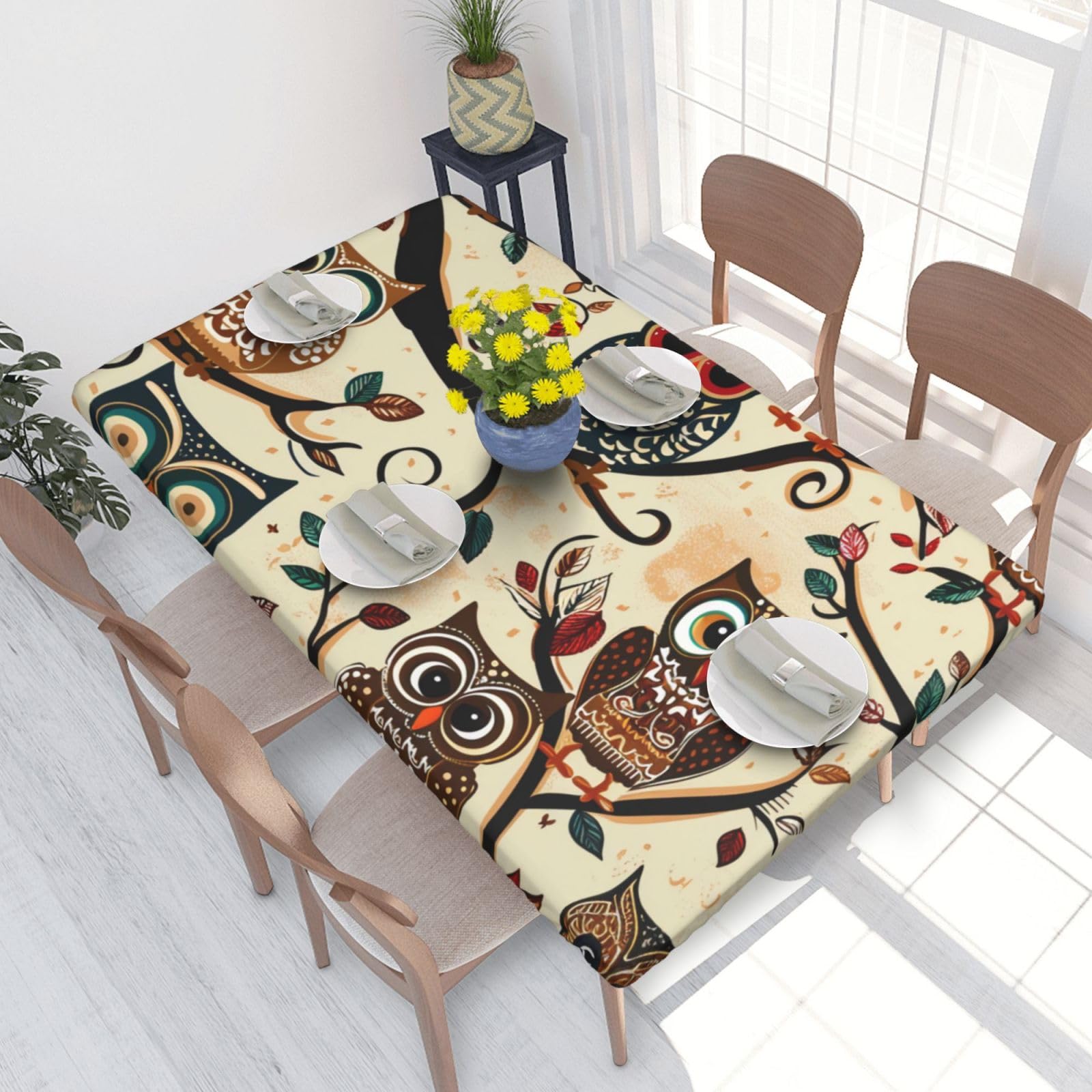 WPKJU Owls on Tree Branches Printed Tablecloths 4ft Rectangular Table Covers Washable Polyester Decorative Table Cloth for Dining Table Picnic Wedding