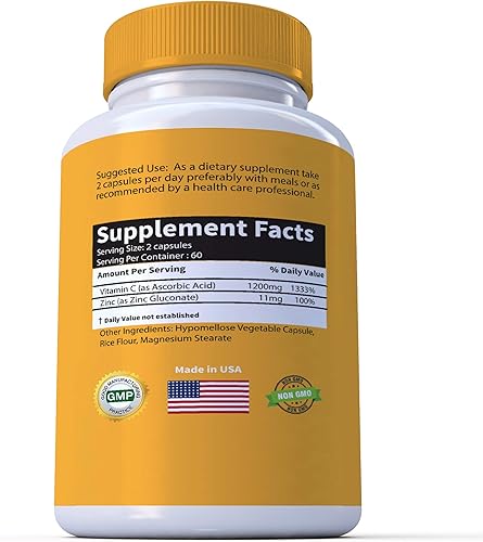 Miniatura 4 de Alta dosis extra fuerte 1200 mg de vitamina C + complejo de zinc para apoyo inmunológico, salud, 120 cápsulas, suministro de 2 meses, cápsula