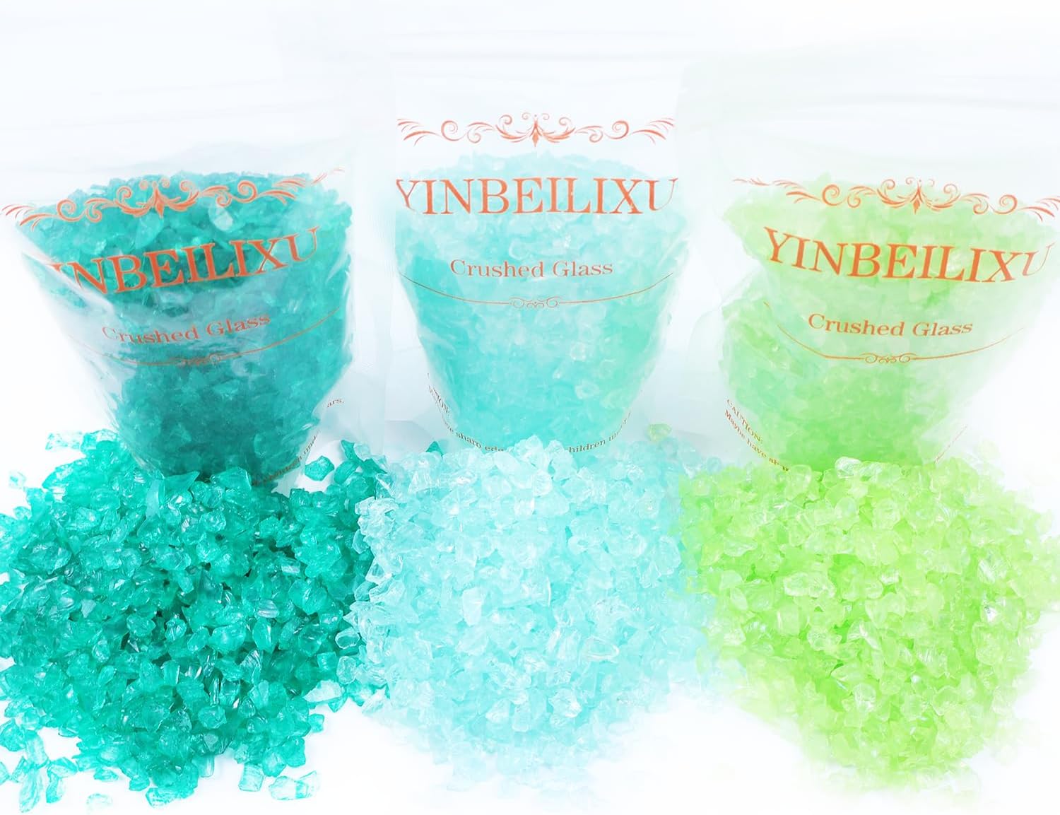 YINBEILIXU Crushed Glass Glitter Set of 3, Broken Glass Stones, Shattered Glass Gems Gravel for Resin Art Crafts,Nail Art, Vase Filler, Aquarium Decor, Jewelry Making, 3-6mm, 450g (Green)