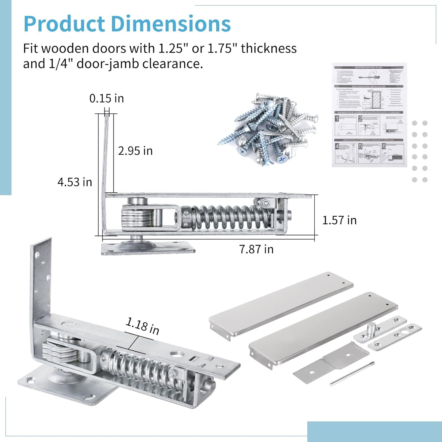 Double Action Spring Hinge, Includes Cover Plates, Stainless Steel Spring Pivot Hinge for Wood Door, Self-Closing Door Hardware with Adjustable Telescoping Shaft