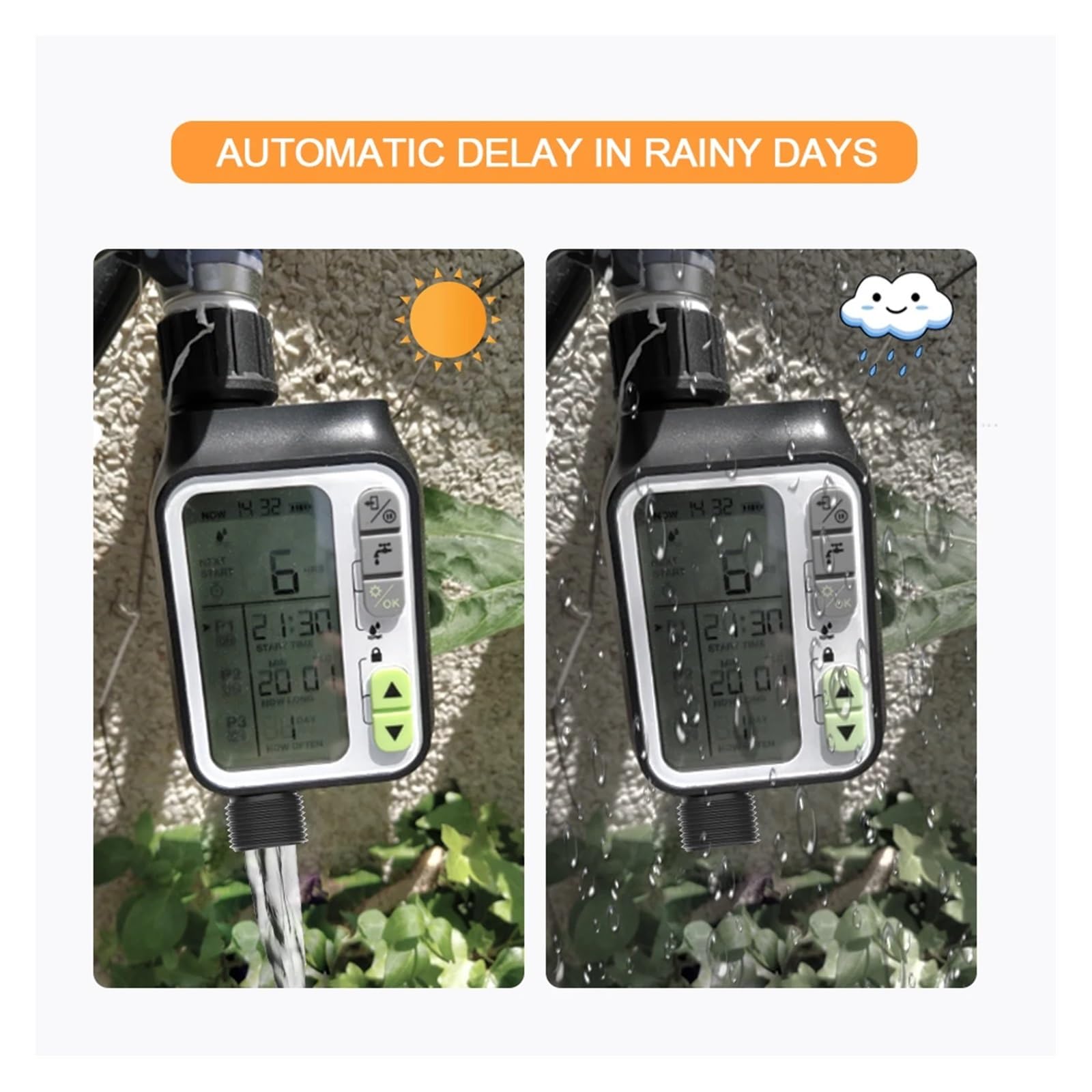Progettazione professionale di irrigatori da giardino esterni con sensore di acqua piovana, timer elettronico for l'irrigazione domestica(POP3-HCT-355-BS)