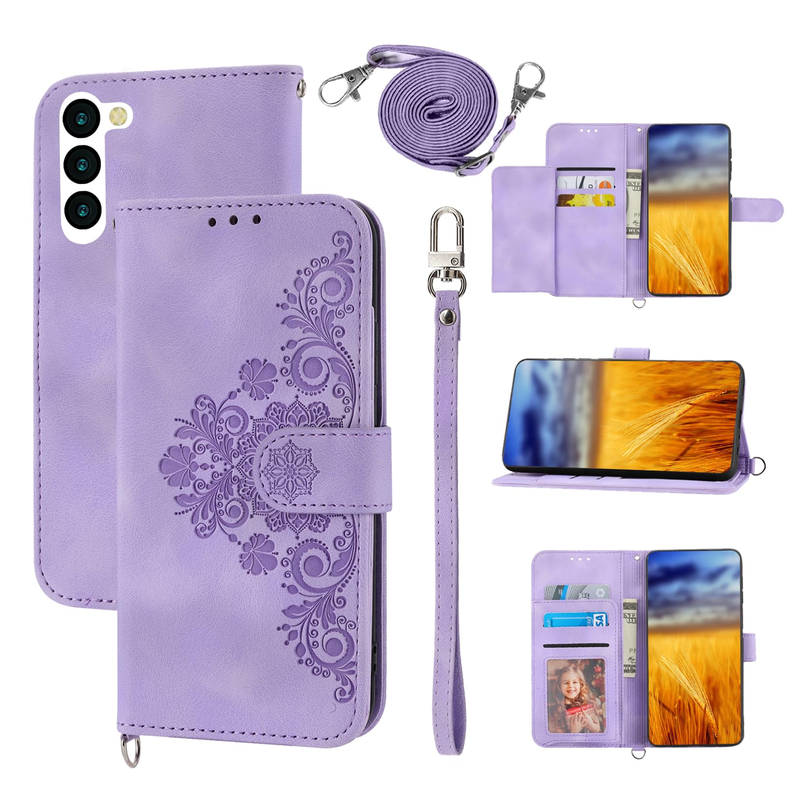Dswteny Wallet Case for Samsung Galaxy S23 Plus S23+ 5G with Wrist Strap Shoulder Strap, Embossed PU Leather Flip Slim Cell Phone Cover for S23plus 23S + S 23 23+ SM-S916U 6.6 inch Women Girls Purple