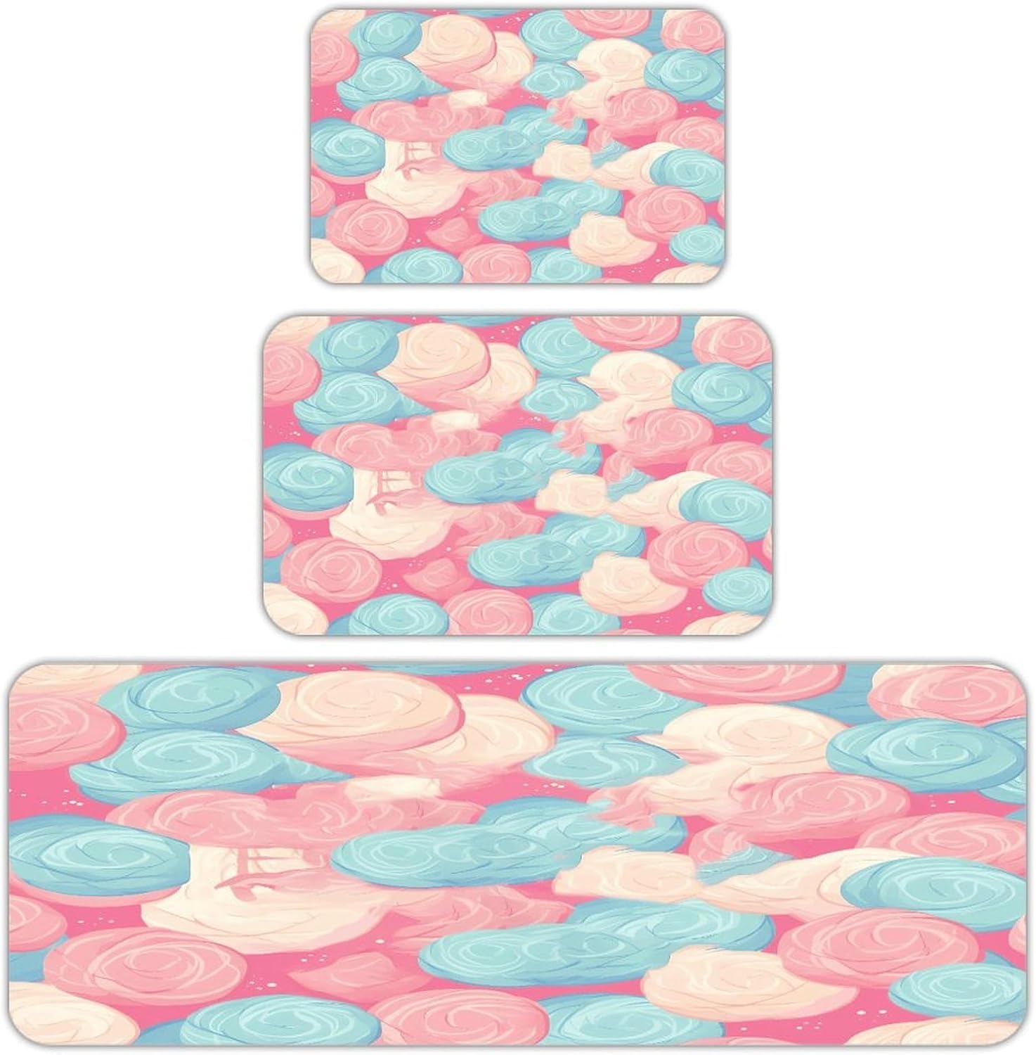 Cotton Candy Kitchen Rugs Sets of 3 Non Slip Kitchen Mats for Floor Farmhouse Kitchen Sink Mat Thick Comfort Standing Mat for Laundry Room Hallway Bathroom