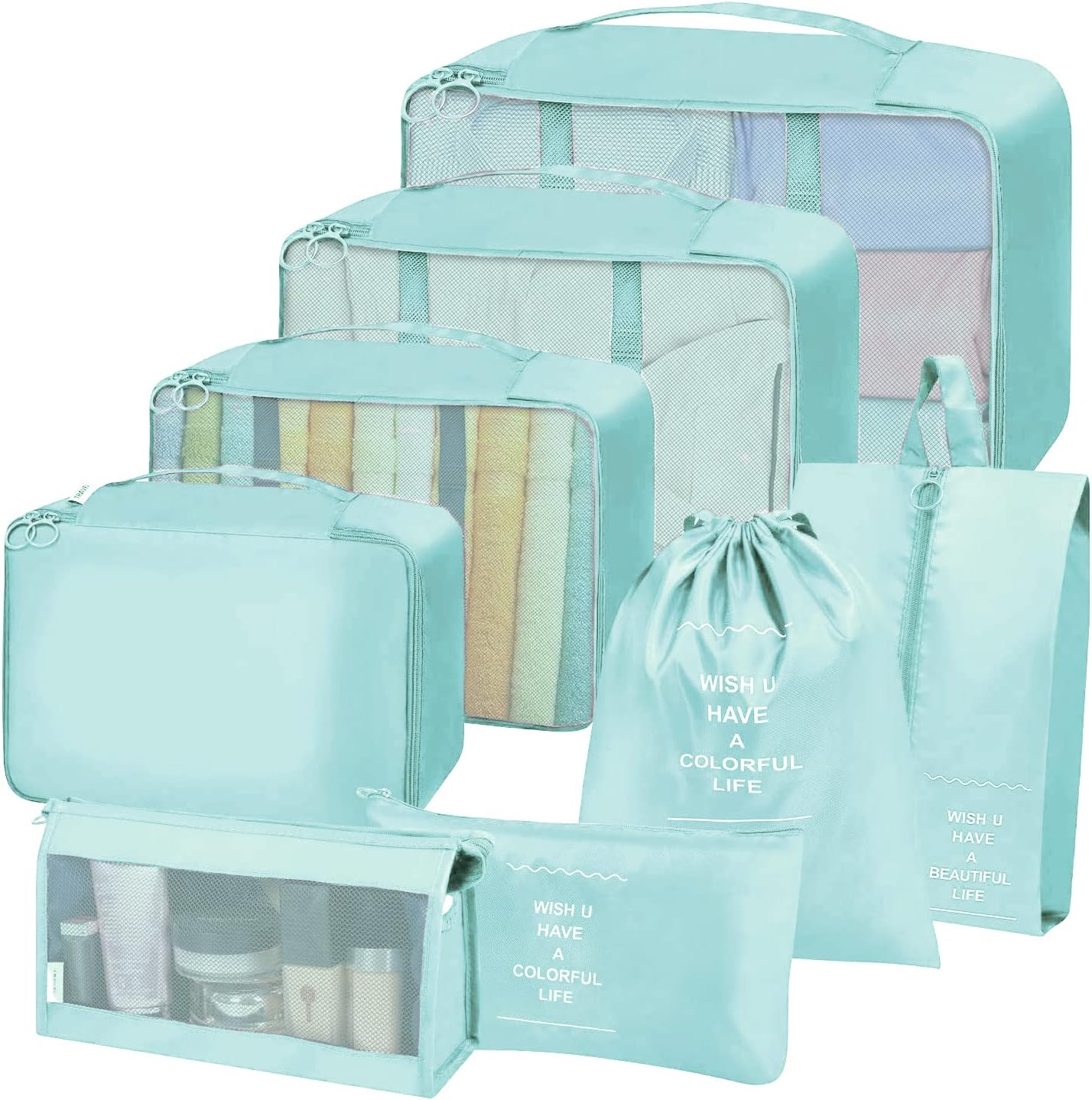 PriksiaPacking Cubes for Suitcase，8 Pack Upgraded Packing Travel Cubes for Suitcase, Luggage Organiser, Travel Bag Organiser Waterproof Travel Compression Suitcase Bag Travel Essential Bag(Light Blue)