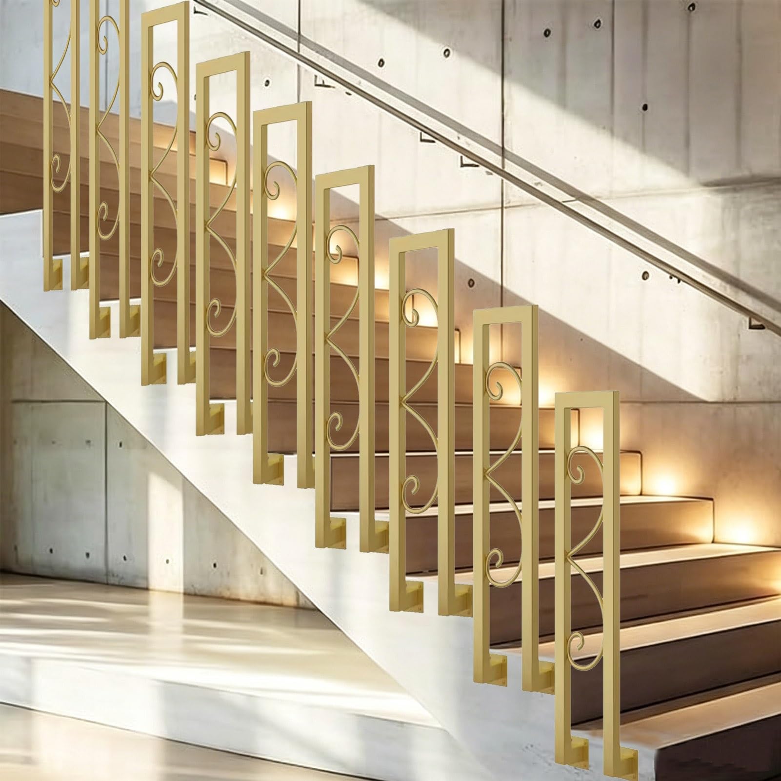 Pasamanos de montaje lateral para escalones interiores Barandilla de escalera exterior - Hierro forjado negro dorado Piquete de barandilla de cubierta de porche para 1 escalón(Gold,100cm)