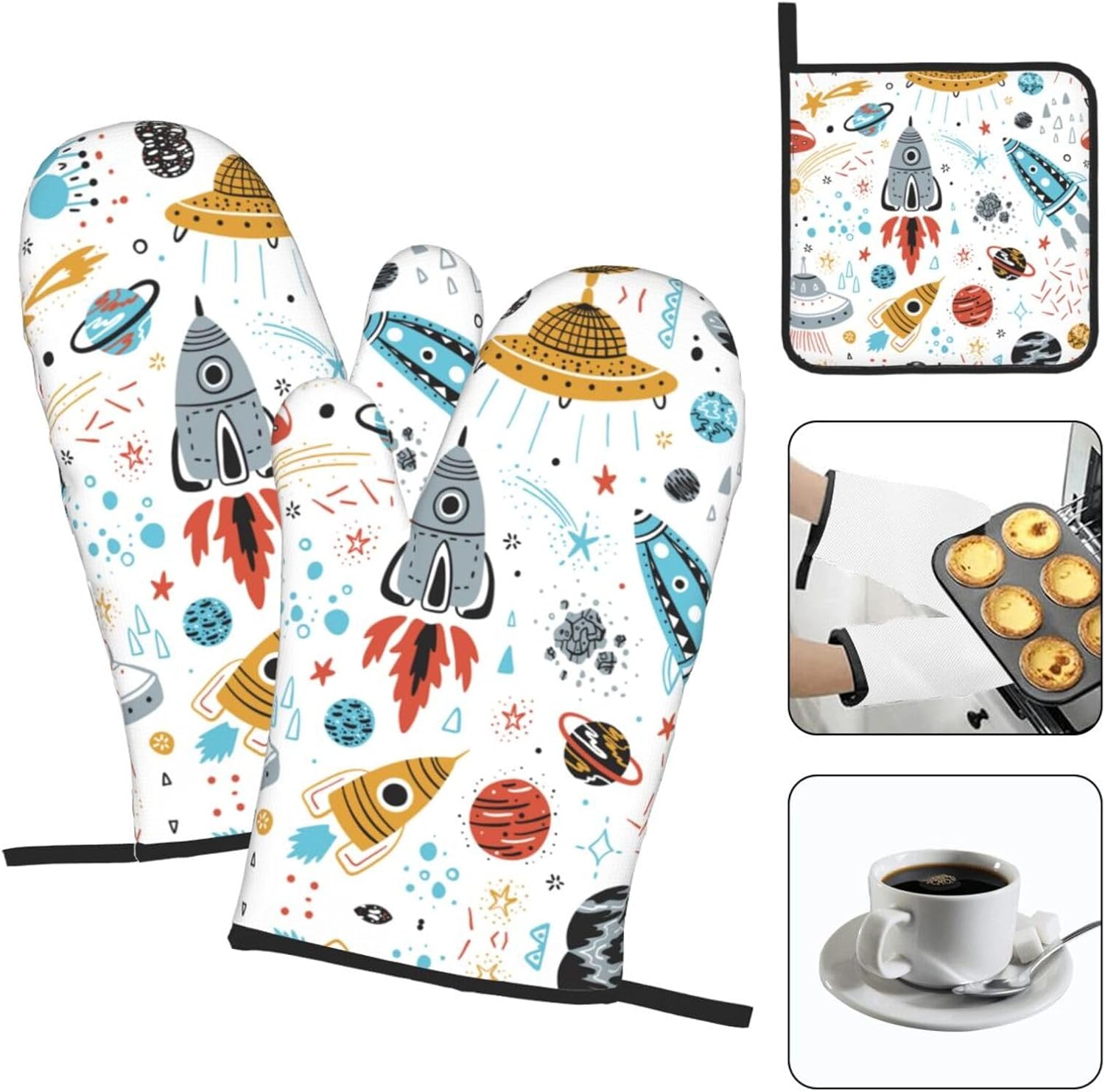 Cartoon Rockets Print Heat Resistant Microwave Gloves, Used for Baking, Cooking, and Fashion Kitchen Essentials