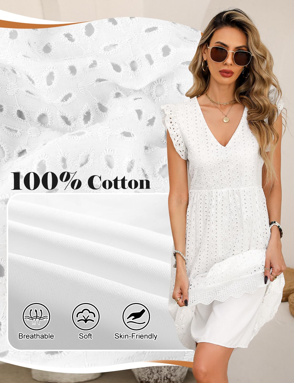 Vestido Mujer Verano Casual Vestido Largo con Manga Volante Cuello V Elegante Cintura Alta A-Line Vestidos Hueco de Flores Jacquard Sólida Algodón Vestidos de Playa con Bolsillos