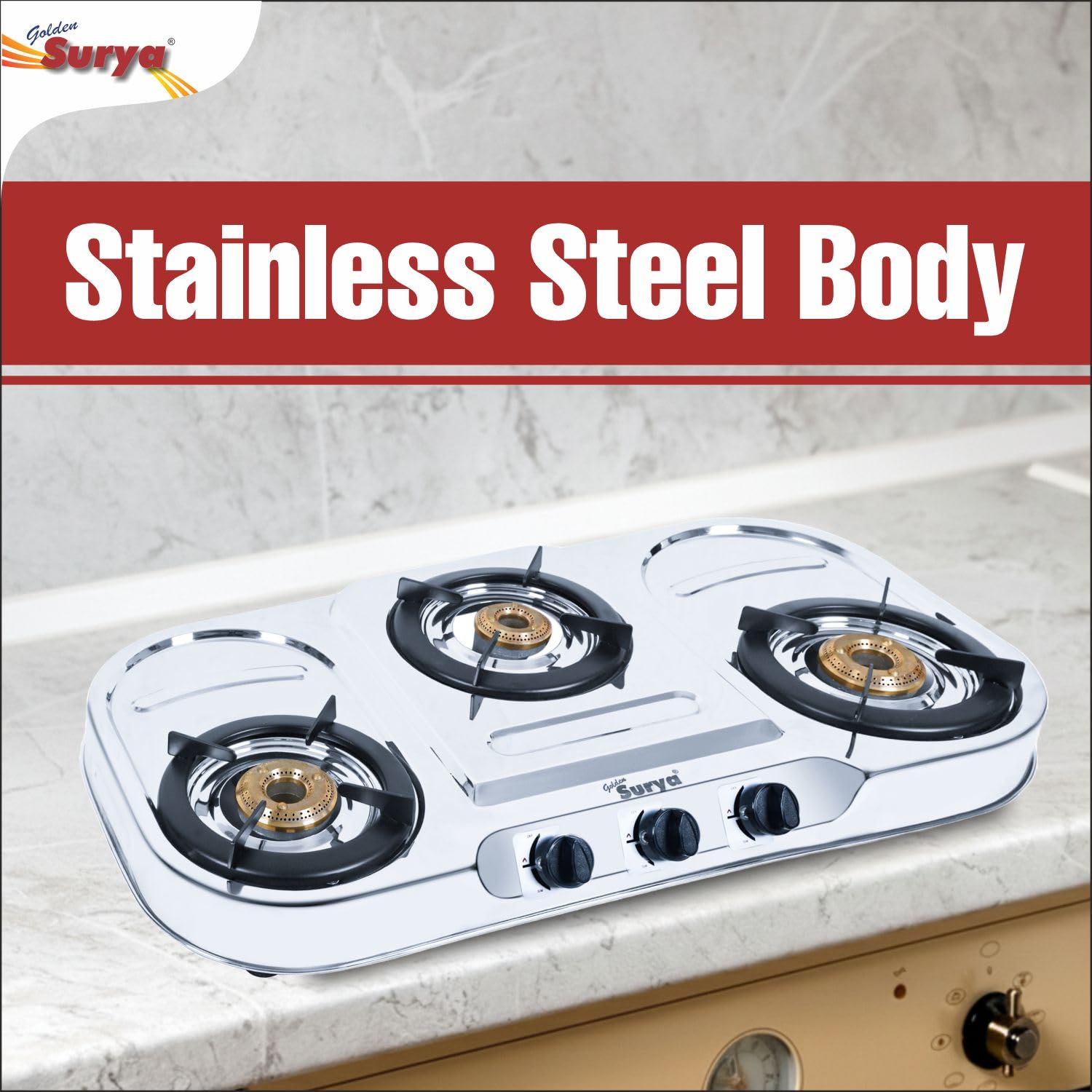 GOLDEN SURYA Classic Premium Stainless Steel Frame, Manual Ignition, 18 Months Warranty, BIS Certified, 3 Burner Gas Stove, Cook Top (Dura)