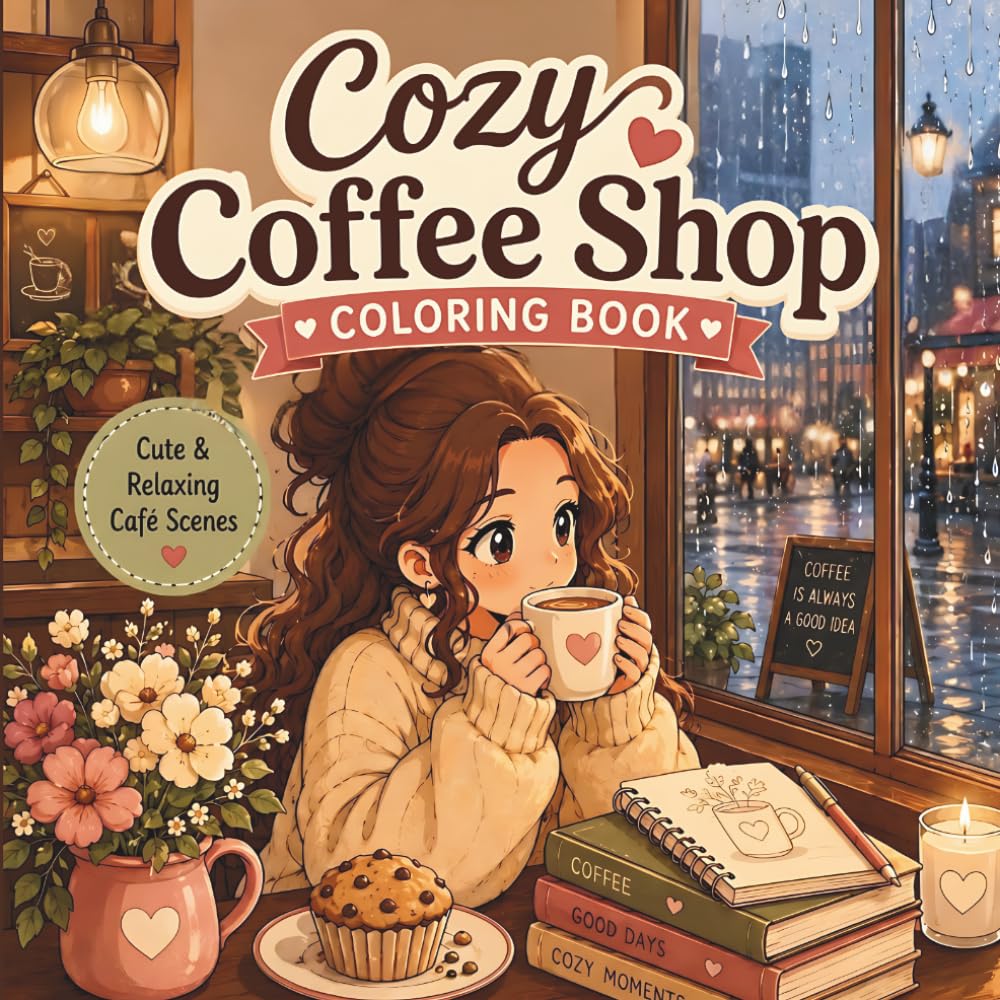 Cozy Coffee Shop Coloring Book: Cute and Relaxing Café Scenes, Rainy Coffeehouse Moments, Sweet Treats and Cozy Vibes | Stress Relief Cozy Girl Coloring Pages for Adults (30 Page Studio)