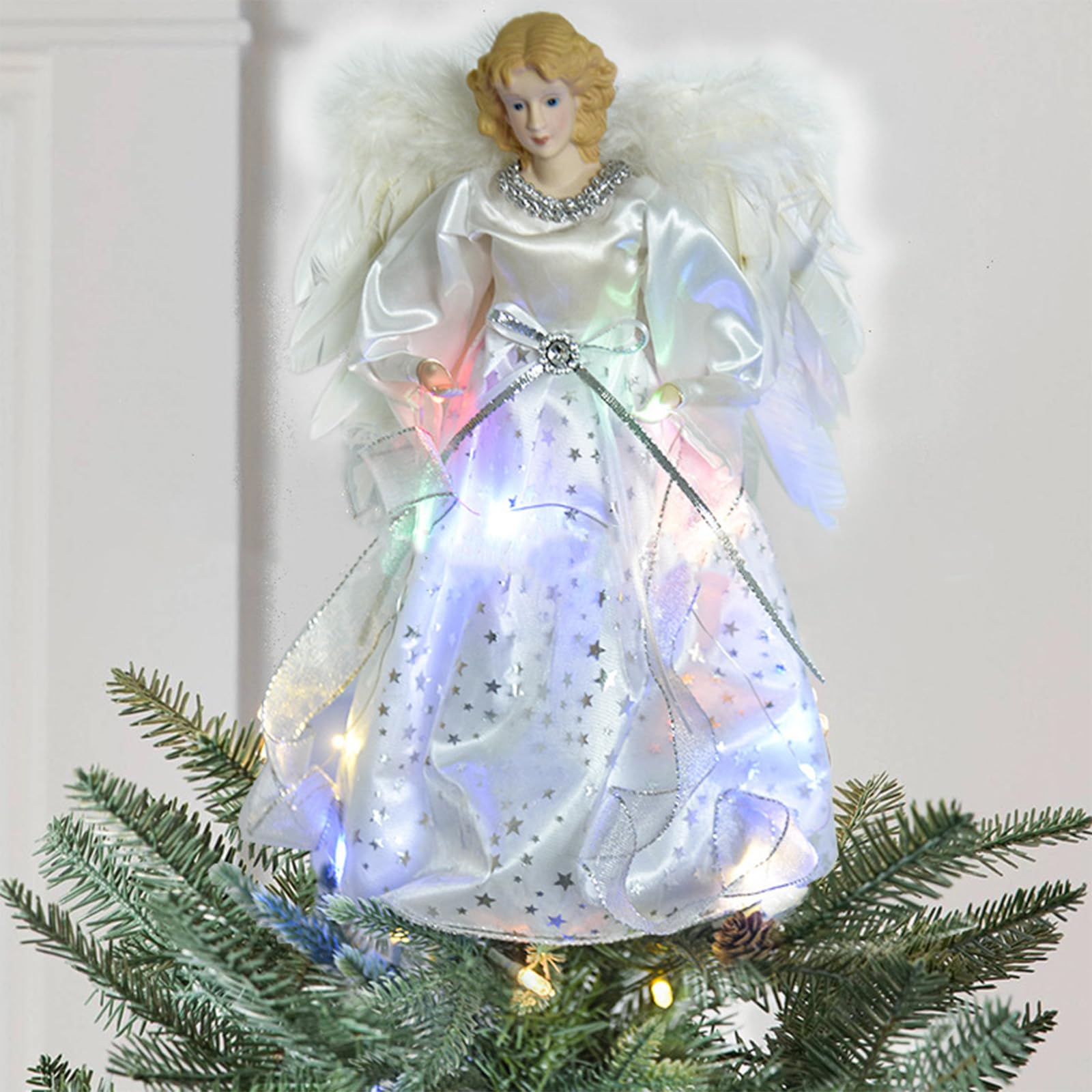 Ange Sapin Noël Ange Pour Cimier Sapin Noël - 32cm Avec Ailes Plumes - Lumières LED Intégrées Haut De Sapin