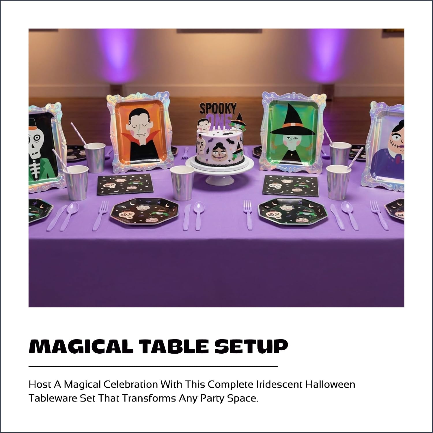 112Pcs Spooky One Birthday Decorations - Two Spooky Birthday Decorations Set with Iridescent Party Plates, Portrait Frame Monster Birthday Party Supplies, Aesthetic Halloween Kids Tableware Set