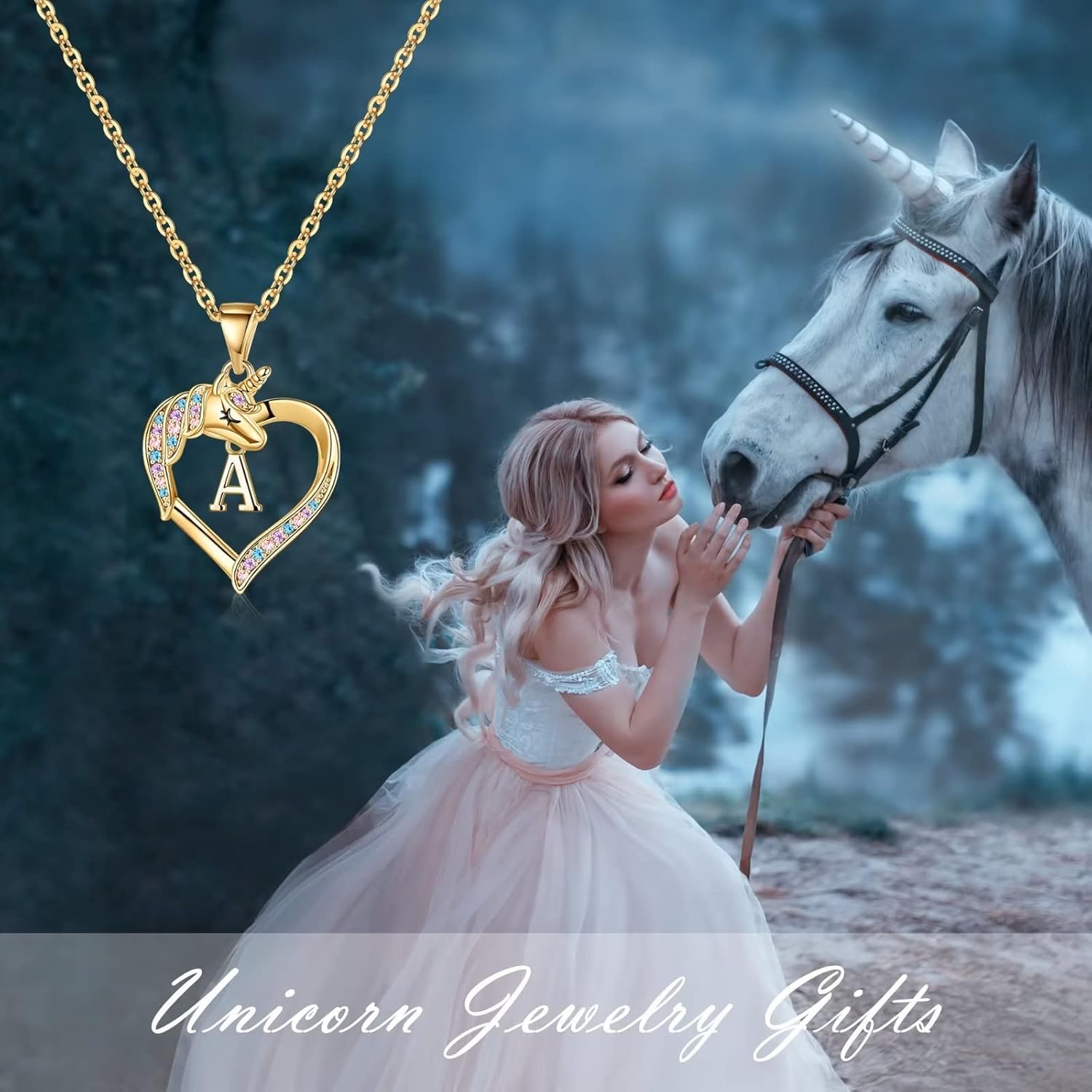 Hidepoo Valentines Gifts for Kids Girls - Unicorn Necklace Gifts for Girls 14K-Gold-Plated Colorful CZ Heart Necklace Girl Jewelry Initial Unicorn Necklaces for Girl Valentines Gift - Image 2