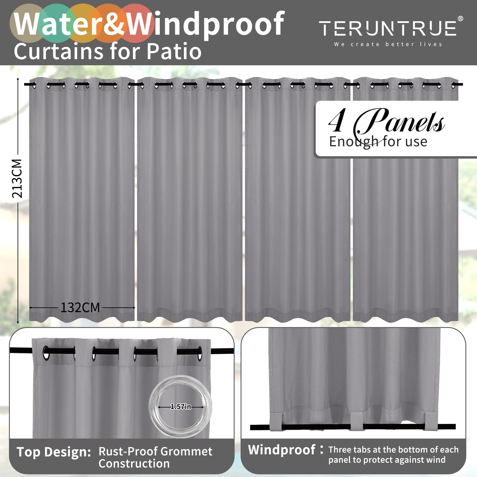 Teruntrue 4 Pannello Tenda da Esterno, Tende Termiche Isolanti, Tenda per Gazebo Balcone Terrazza, Resistente Alle Intemperie con Occhielli, Passanti Nella Parte Inferiore (H213 x L132 cm, Grigio)