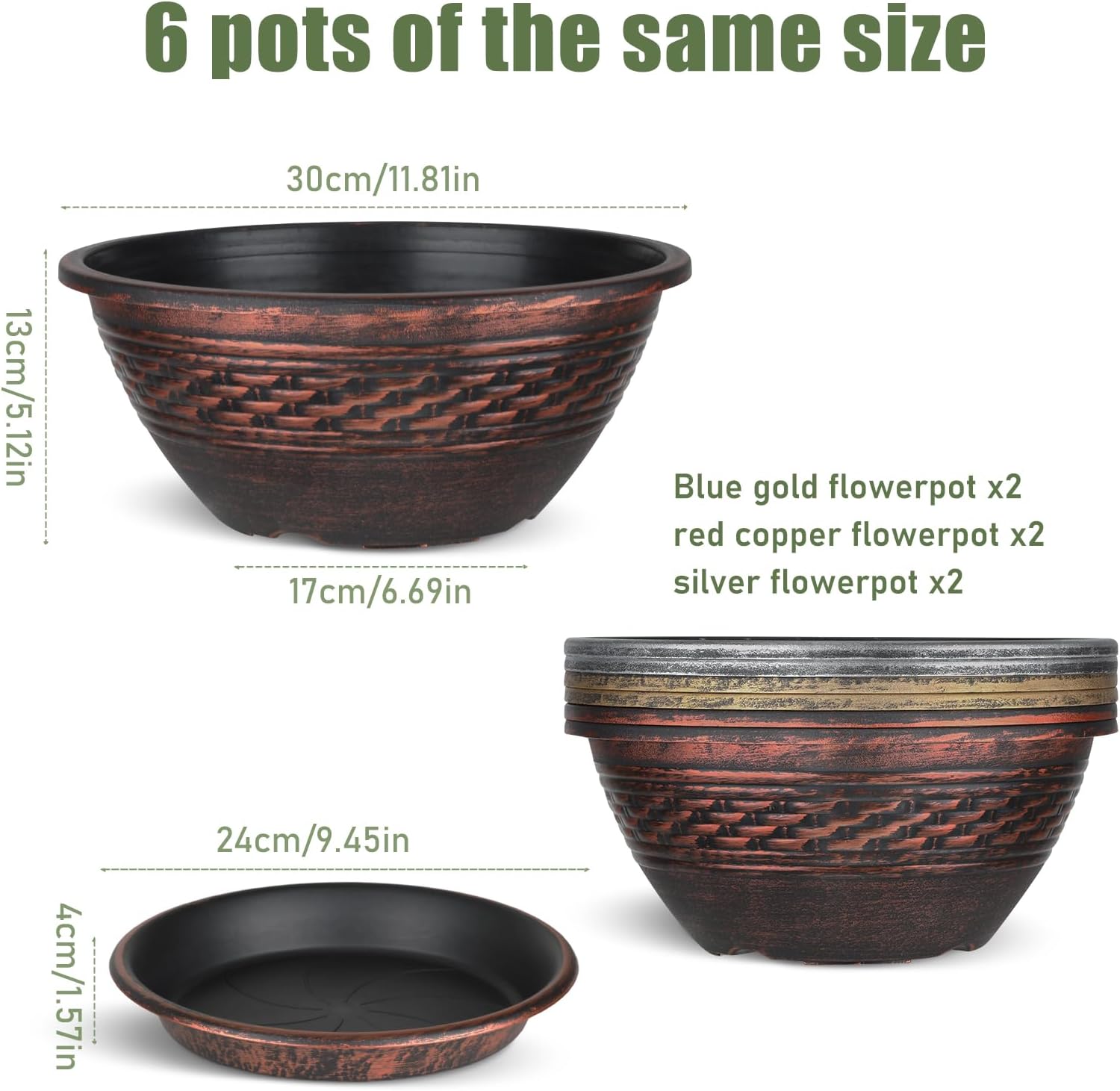 NIKONIKO 12 Inch Plant Pots, 6-Pack Plastic Woven Look Ripples Planters with Drain Holes & Trays, Retro Design Flower Pots for Indoor and Outdoor Plants
