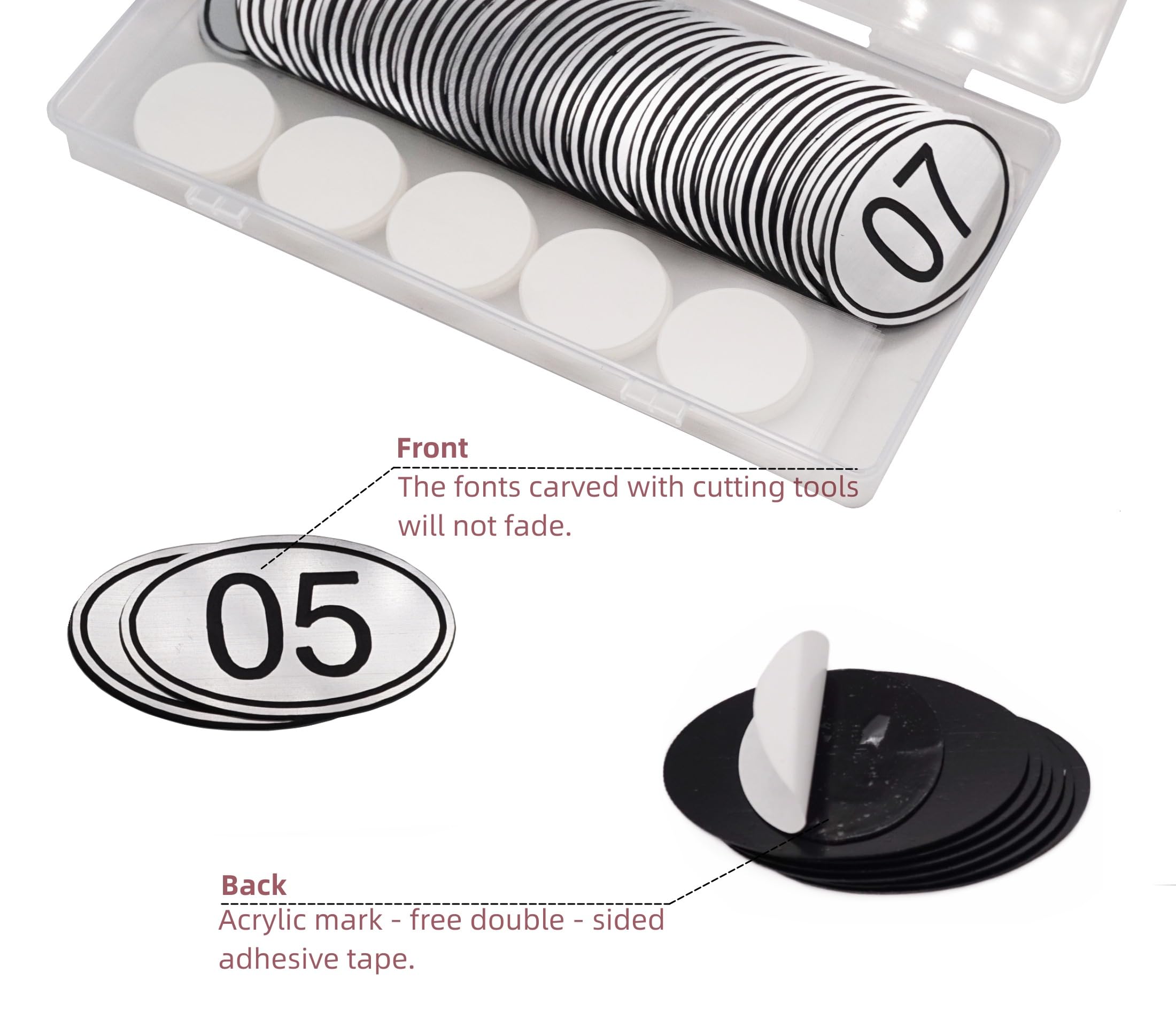 NanTun 50 Sets ABS Engraved Silver Oval Table Numbers Locker Tags with Double-Sided Tape - 1 to 50 - Image 3