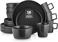Stone Lain Celina 16-Piece Black Matte Stoneware Dinnerware Set for 4 - Plates, Bowls, Mugs | Microwave & Dishwasher Safe