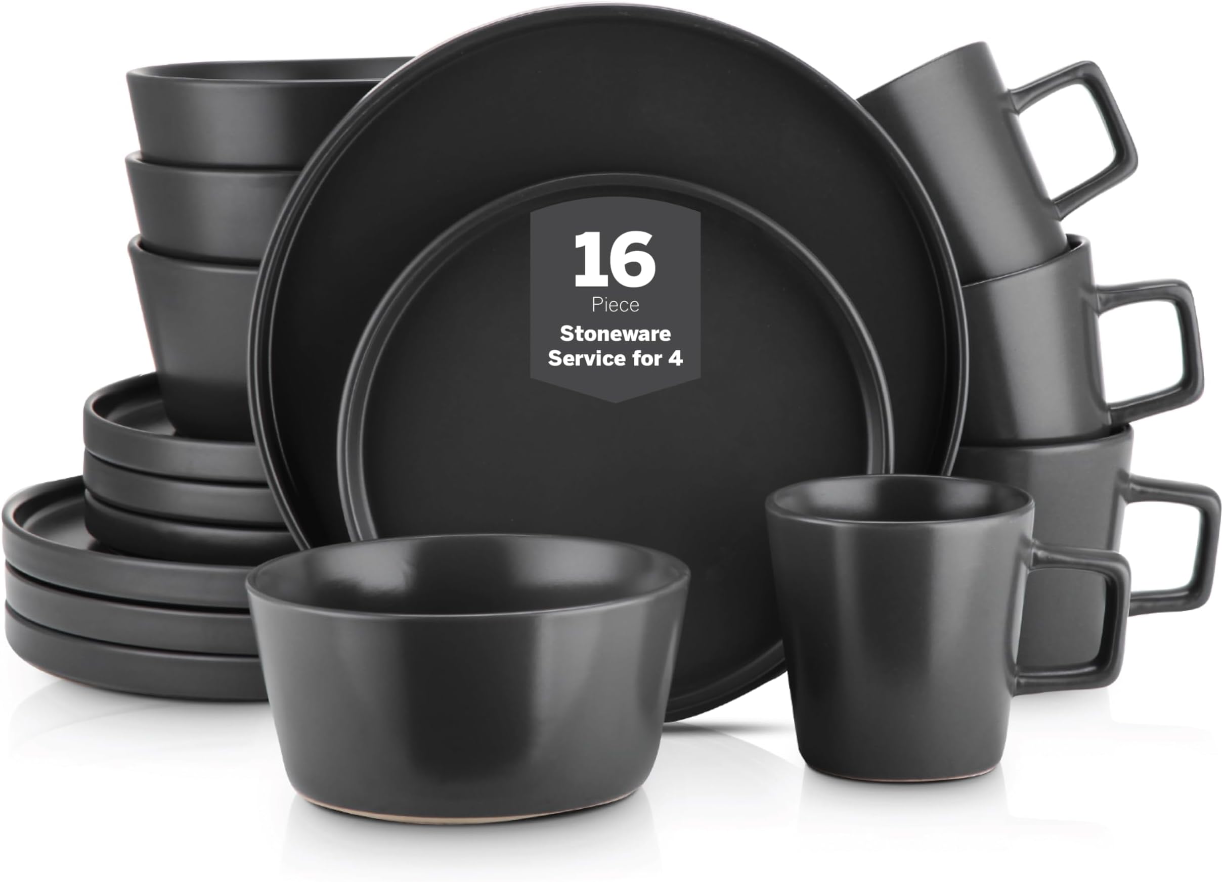 Stone Lain Coupe Dinnerware Set, Service For 4, Black Matte