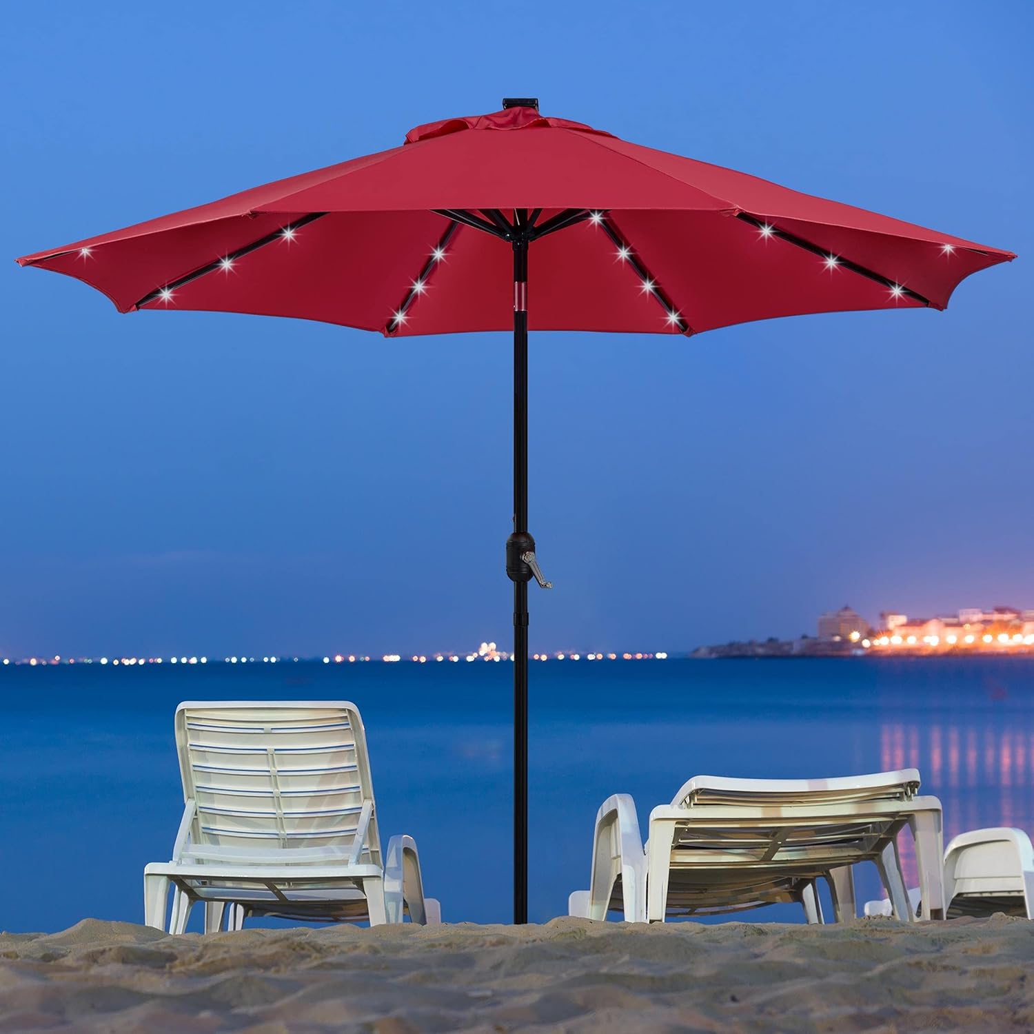 Yaheetech 9FT Solar Patio Umbrella w/ 22L Fillable Base - Outdoor Market Table Umbrella w/UV Protection & Crank Lift w/Base Stand Included for Garden/Lawn/Deck/Backyard/Pool - Red