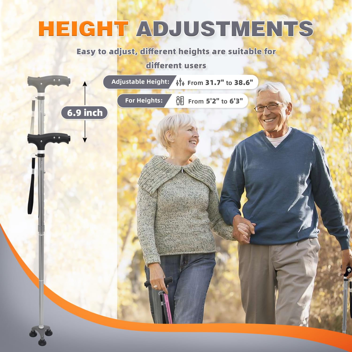 BeneCane Bastones plegables ajustables de viaje y bastones para caminar para hombres y mujeres, luz LED y mango de fácil agarre para personas mayores con artritis