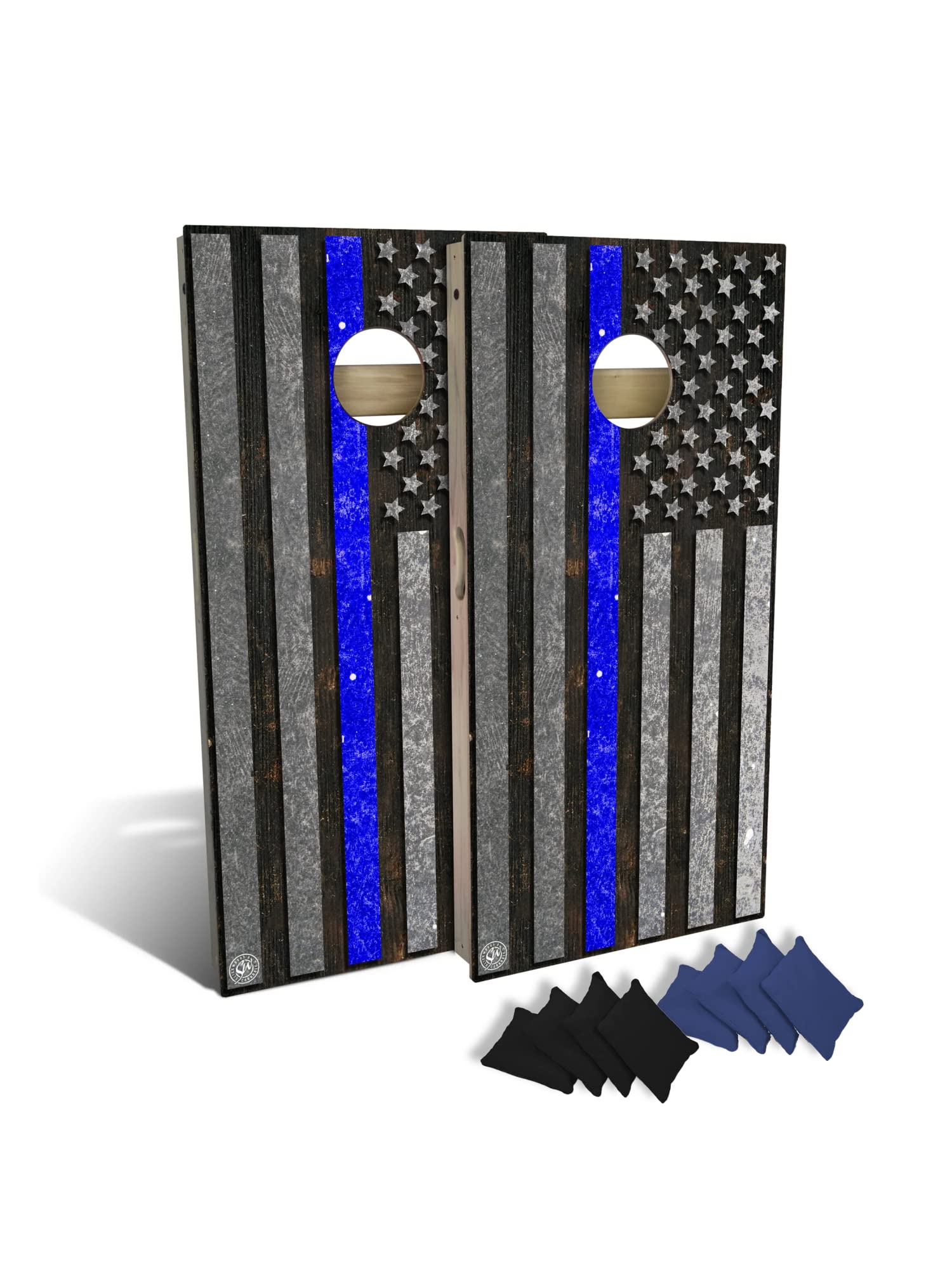 SLICK WOODY's CORNHOLE CO Police Thin Blue Line Cornhole Set with 8 Cornhole Bags, Baltic Birch Plywood Tops for The Smoothest Flattest Playing Surface, Retractable Legs and Back Bounce Brace