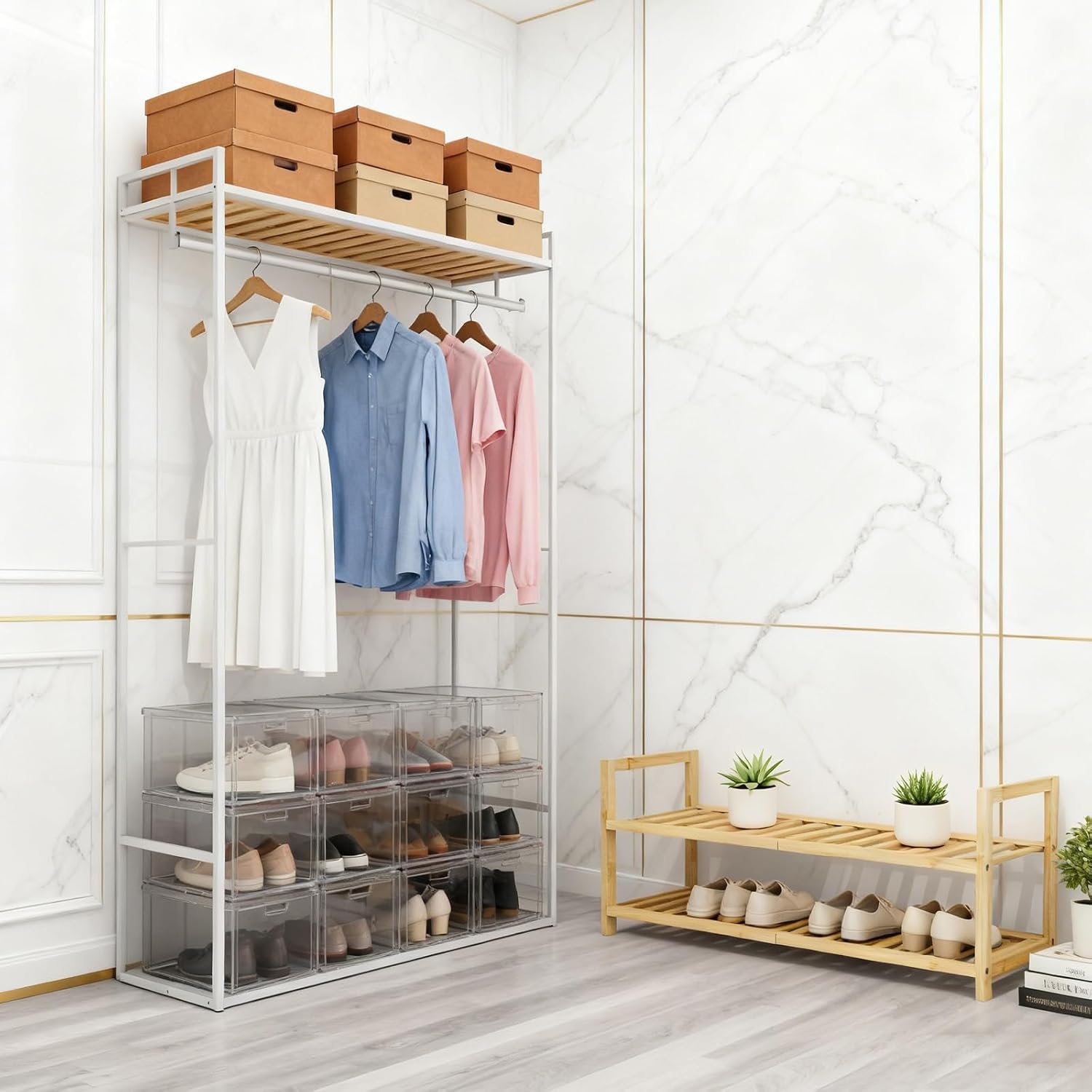 2 Tier Bamboo Wooden Shoe Rack for Closet & Entryway, Free Standing Shoe Rack Stand Organizer Shelf for Garage, Bedroom, Small Space Storage, Stackable