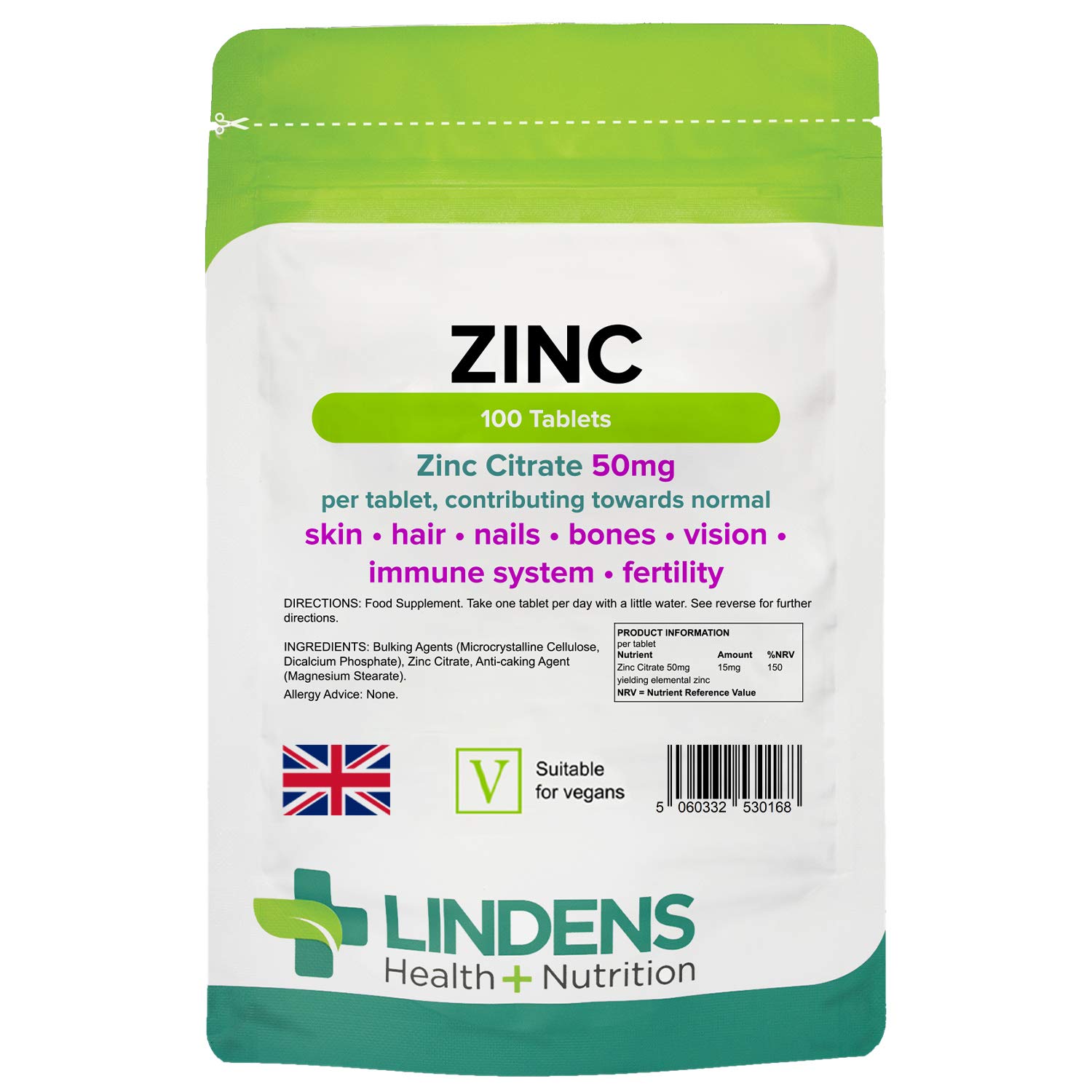 Buy Lindens Zinc Citrate 50mg 100 Vegan Tablets Immune Function
