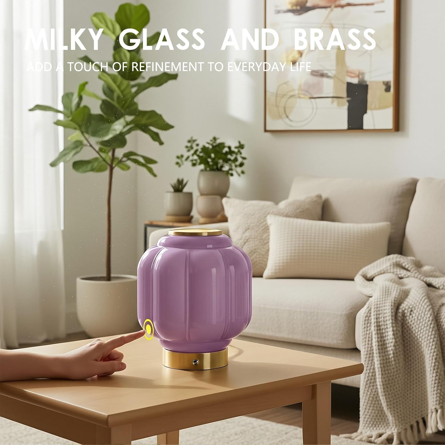 Mushroom Lamp, Cordless Rechargeable Table Lamp with Brass Base & Purple Glass Shade, 4W Dimmable Bedside Table Lamp, Small Vintage Desk Light for Mid Century Modern Home Decor (Purple)