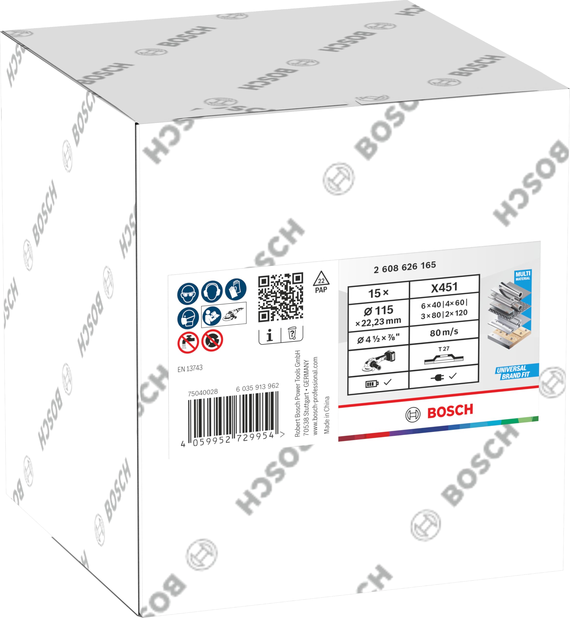 Bosch Lot de 15 disques à lamelles X451 (pour acier, aluminium, diamètre 115 mm, grain 40, 60, 80, 120, accessoires professionnels pour grande meuleuse d'angle)