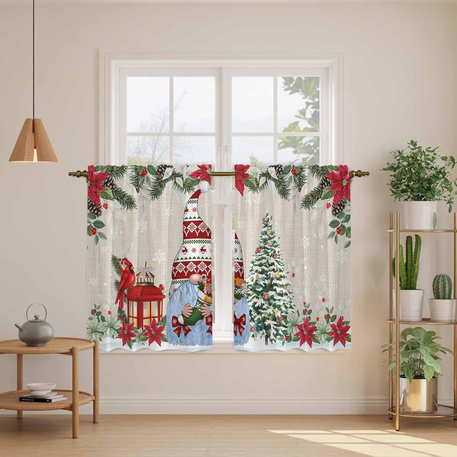Beige Christmas Kitchen Tier Curtains 45 Inch Long 2 Panel Set,Rod Pocket Short Window Treatment,Xmas Tree Gnomes Poinsettia Snowflake Curtains & Drapes for Bathroom Basement 27.5"W x 45"L