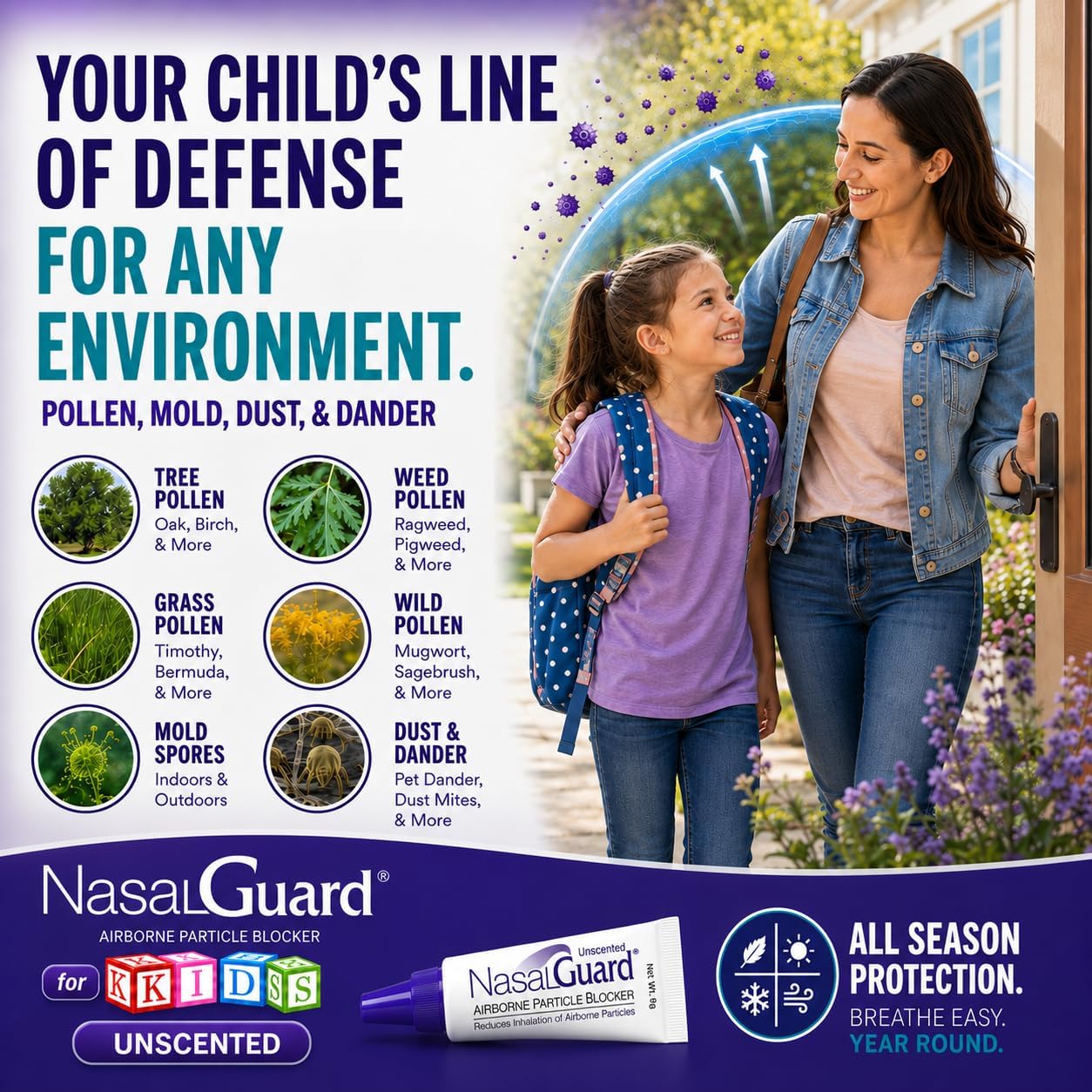 for Kids | Drug-Free Nasal Gel for School, Daycare & Travel | Helps Block Dust, Pollen & Pet Dander | Applied Around Nose | Non-Irritating | 150+ Uses (Unscented, 3g)