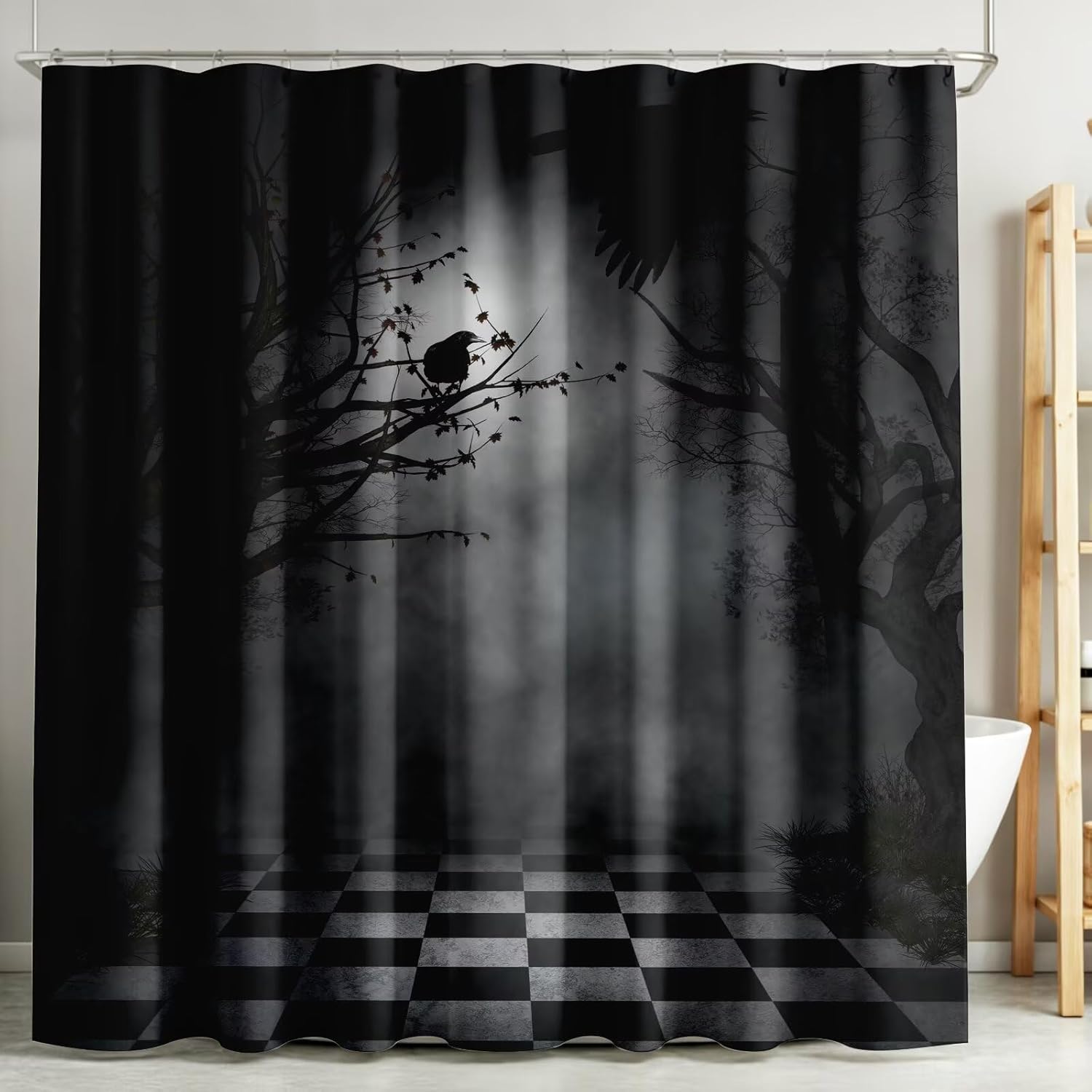 Gothic Fog Forest Shower Curtain Halloween Black Crow Withered Branches Creepy Jungle Dark Waterproof Fabric Bathroom Curtains Home Privacy Bath Decor with Hooks 66x72Inch（168x183cm）