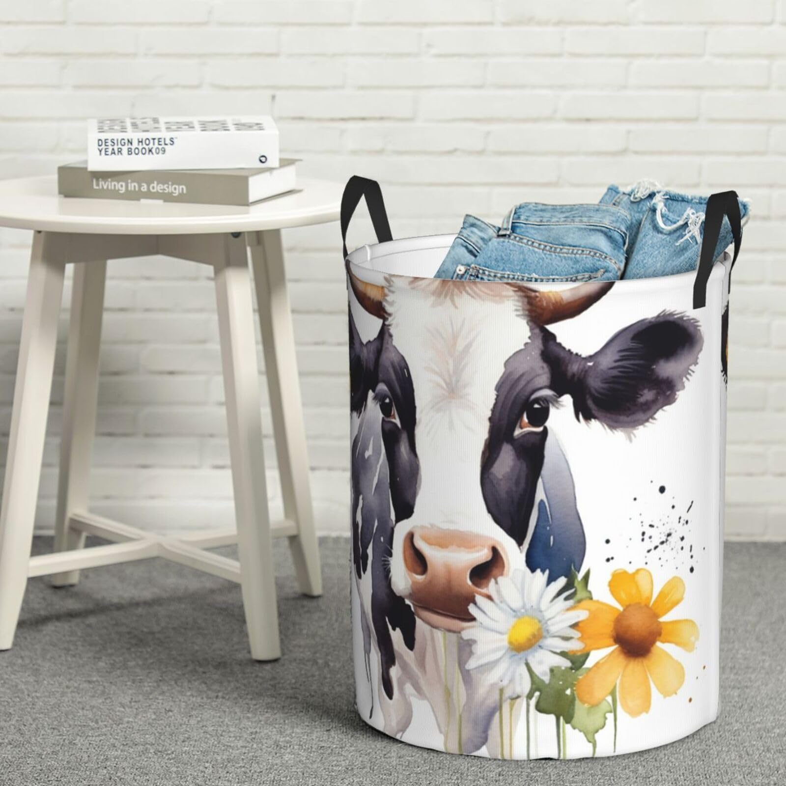 Fodpand Black Watercolor Cow And Daisy Flower Laundry Basket With Handle, Freestanding Laundry Hamper, Collapsible Dirty Clothes Hamper, Blanket Storage Basket Tall Toy Storage Bin Room Decor Small