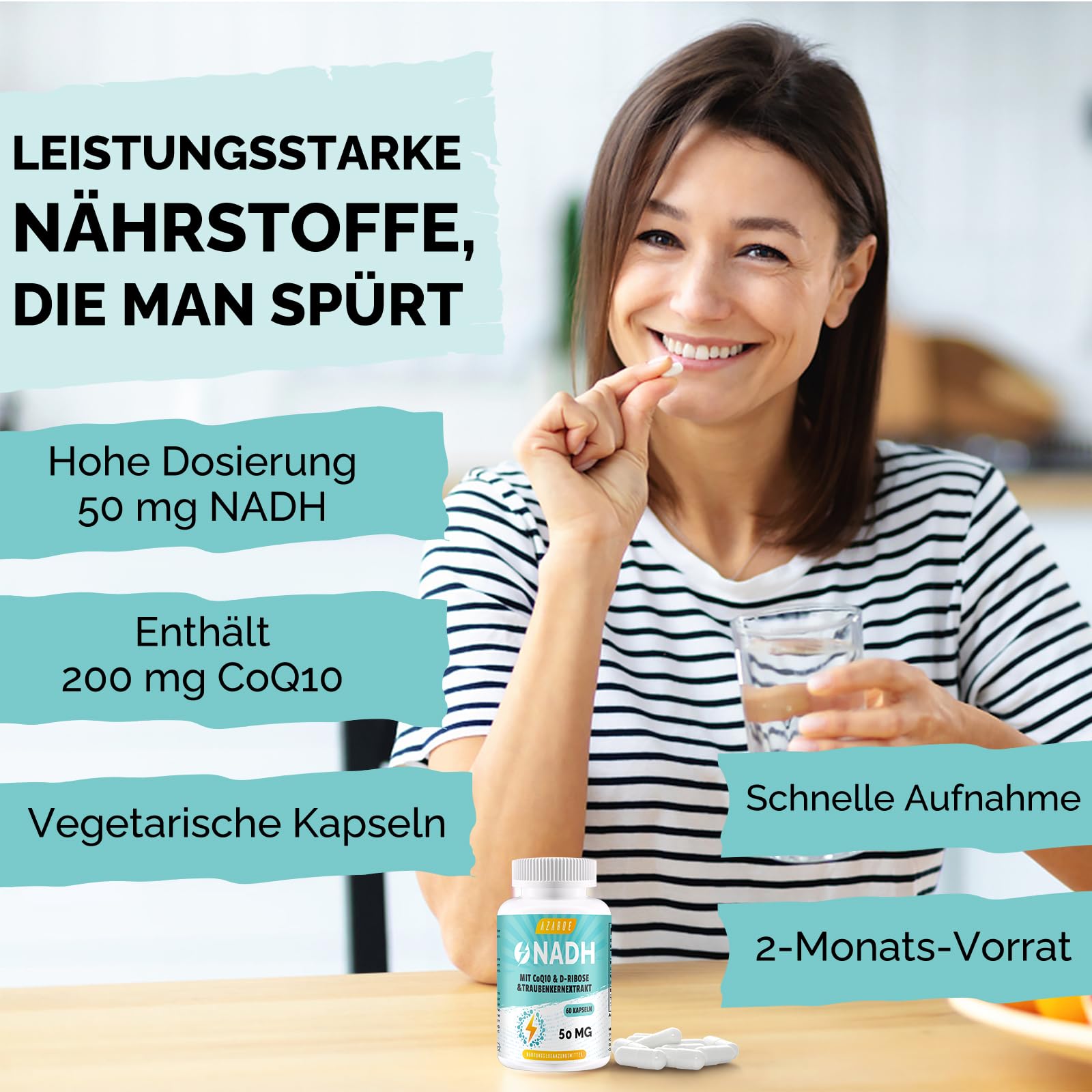 NADH 50 mg, Formule Avancée avec CoQ10, Végétalien, Haute Résistance, Améliore l'énergie Cellulaire, Production d'ATP, 60 Capsules (1 unité)