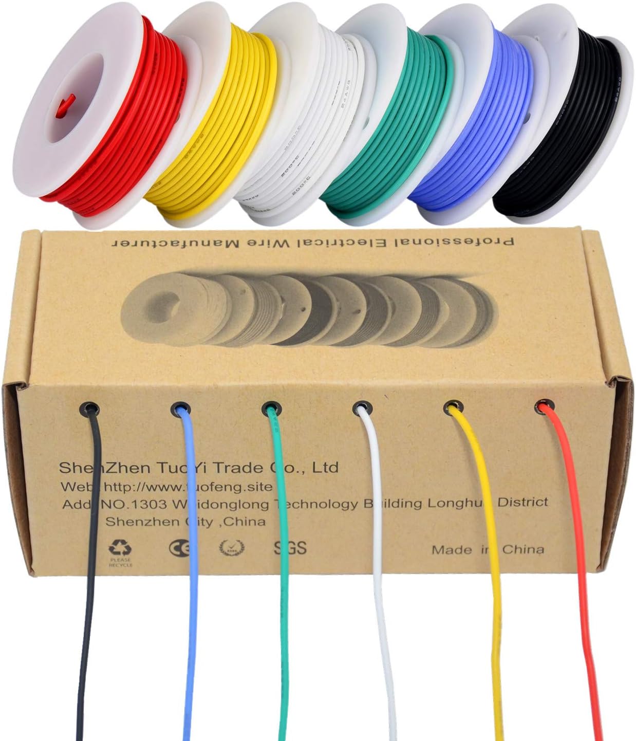 TUOFENG 24 AWG Electrical Wire Kit,0.20mm² Flexible Silicone Wire(6 Different Colored 9 Meter spools) 300V Hookup Wires High Temperature Resistance