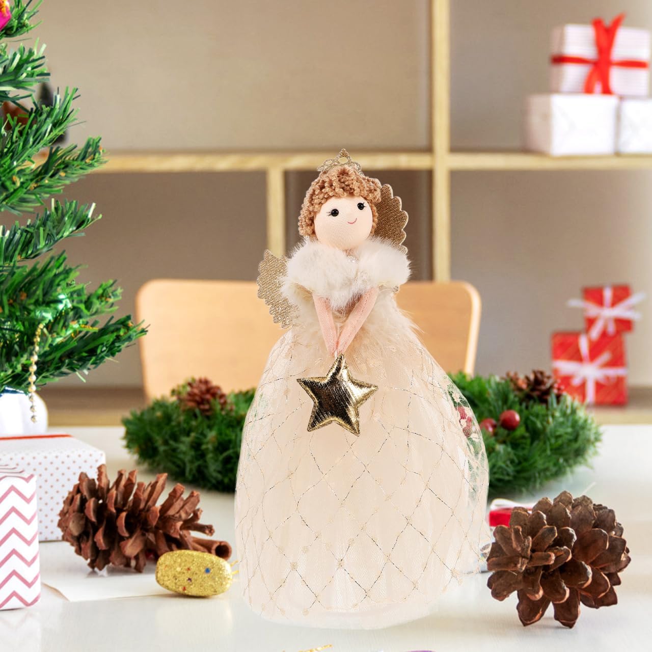 Christmas Tree Topper Angel Treetop Golden Star Tree Topper Angel Figure Ornament Angel Girl with Dress Wing Standing Tree Top Decoration for Holiday Party - Image 7
