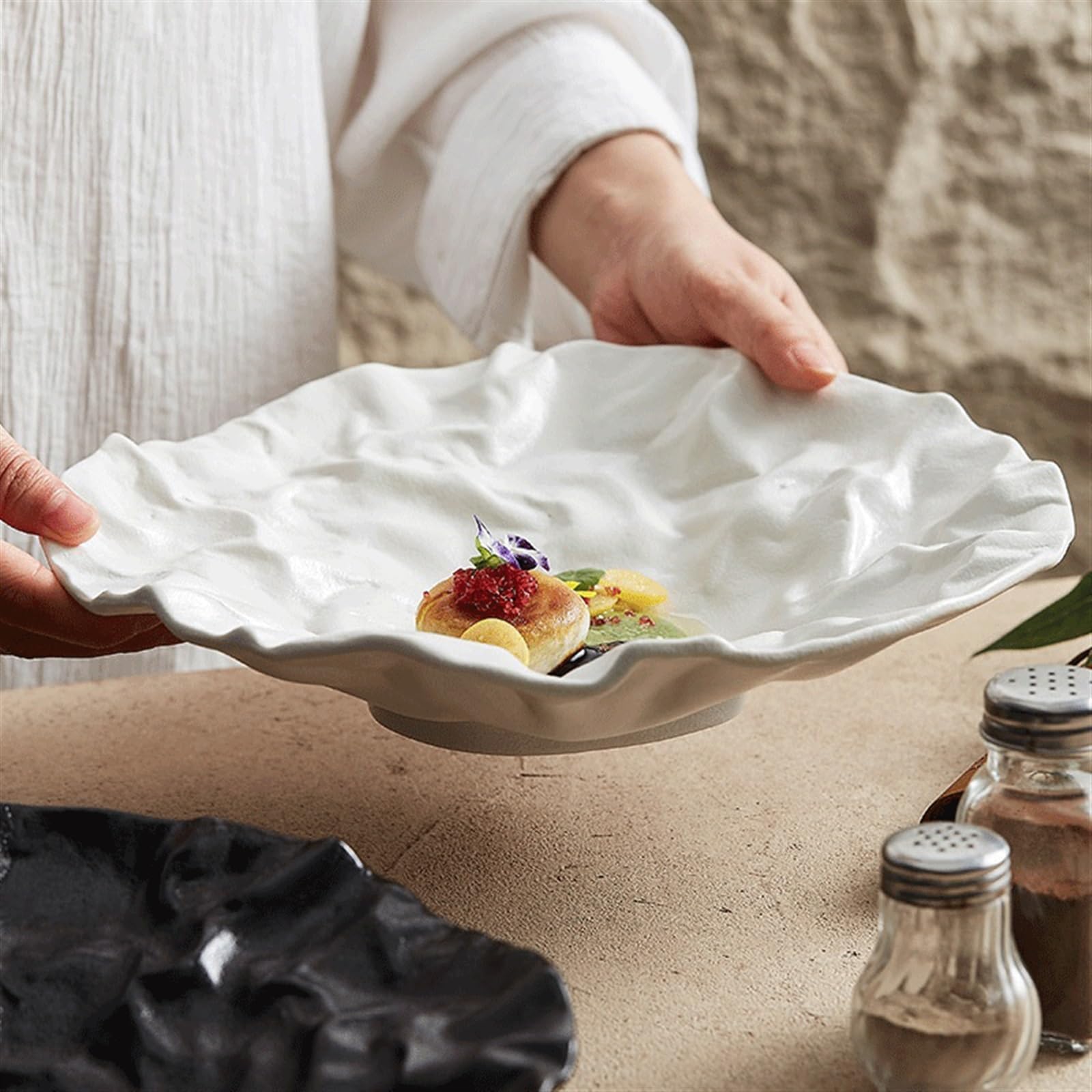Platos Llanos Platos hondos Plegables de cerámica, vajilla de Color sólido, Plato de Fruta, Plato de Ensalada, vajilla de Calidad de cerámica for el hogar Platos Postre(Negro,9inch)