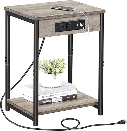 Miniatura 24 de TUTOTAK Mesita de noche con estación de carga, juego de 2, mesa auxiliar, mesa auxiliar con USB, mesita de noche de 21.8 pulgadas de alto con