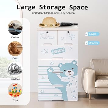 Plastic Drawers Dresser,Storage Cabinet with 6 Drawers, Closet Drawers Tall Dresser Organizer, Polar Bear Plastic Drawers for Clothes, Playroom, Bedroom Furniture