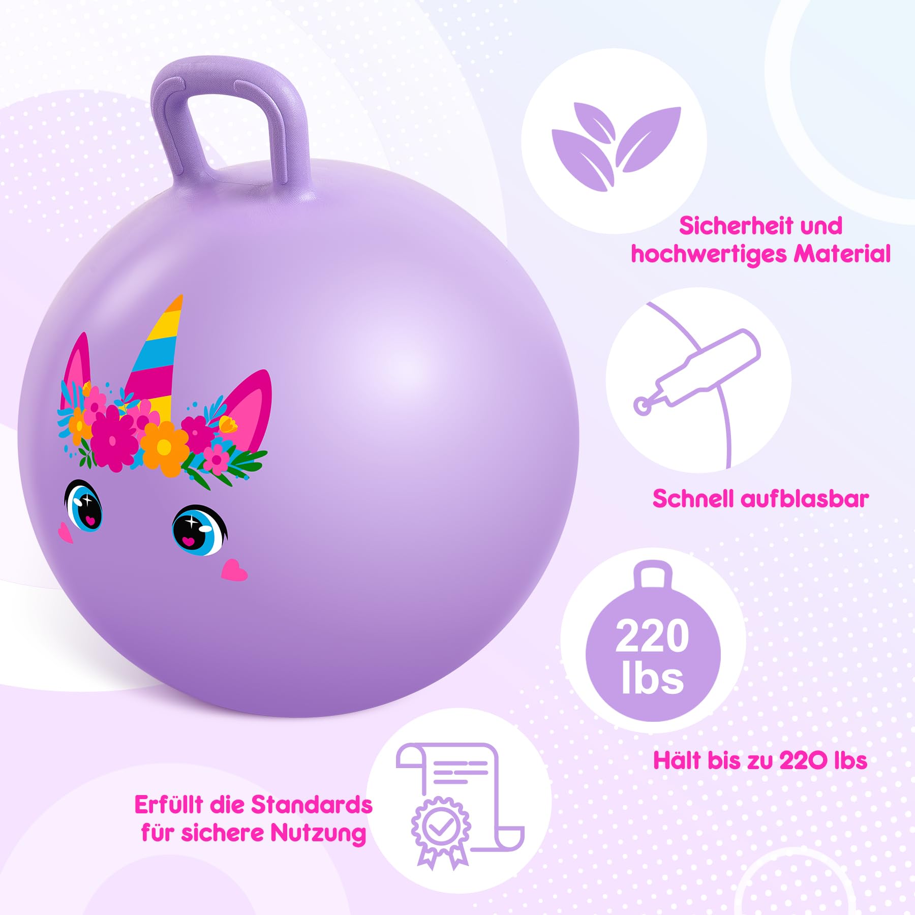INPODAK Violett Einhorn Hüpfball für Kinder rutschfest Space Hopper 100 KG Belastbar Sprungball mit Griff Aufblasbarer Hopper Ball mit Pumpe 18 Zoll Hüpfball für Kinder 3-8Jahre Drinnen & Draußen