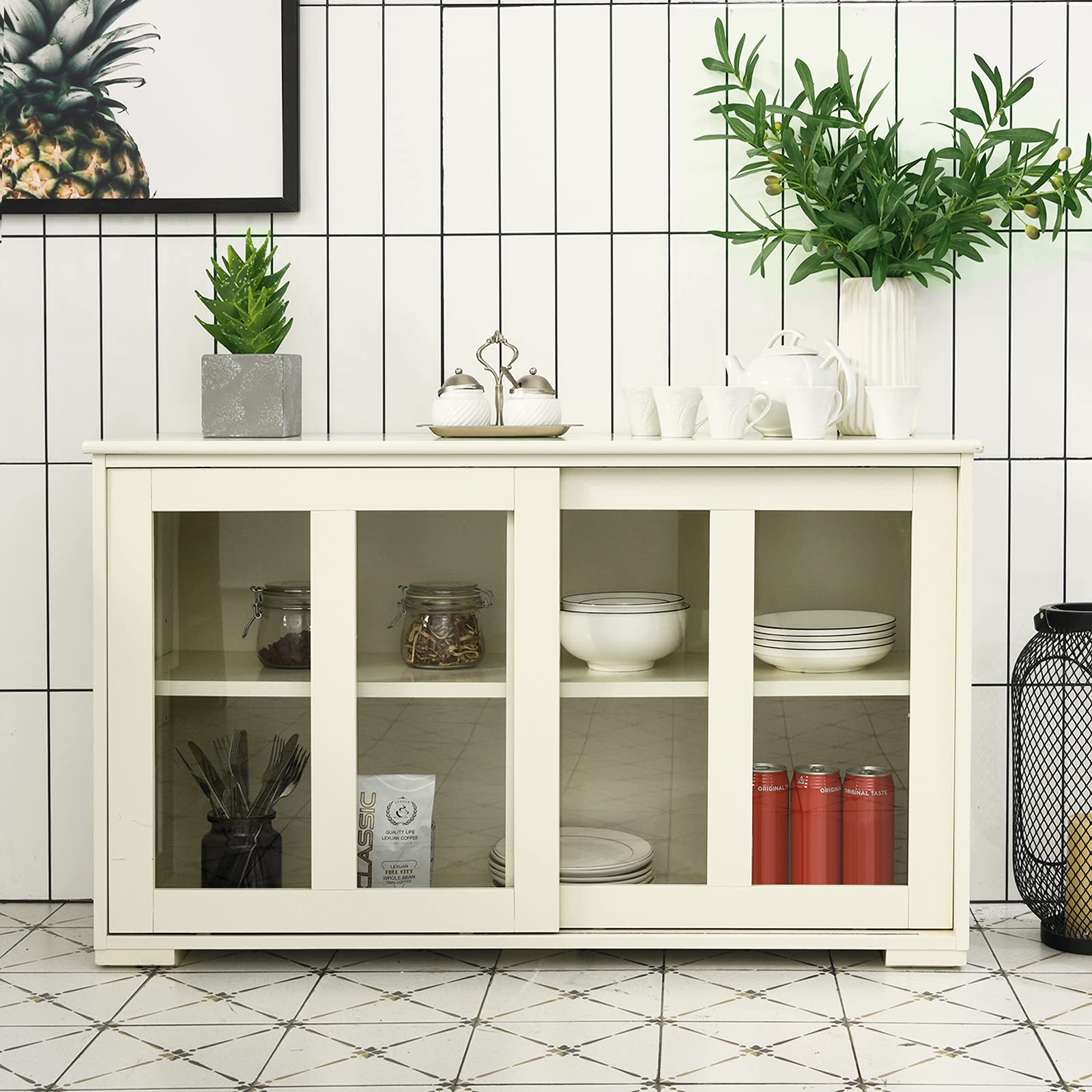 GIANTEX Buffet Cuisine Rangement, 2 Portes Vitrées Coulissantes, Étagère Réglable, Armoire Cuisine 2 Compartimens, Buffet Salon Bas pour Cuisine, Salon, Salle à Manger, 107 x 33 x 64 cm(Blanc Crème)