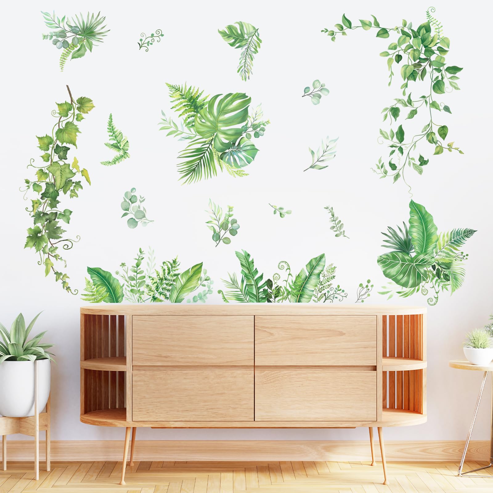 FUFUQUARE Green Leaves Wall Stickers Vines Branches Plants Wall Decal Removable Peel and Stick for Bedrooms Living Room Entrance Door Mirror