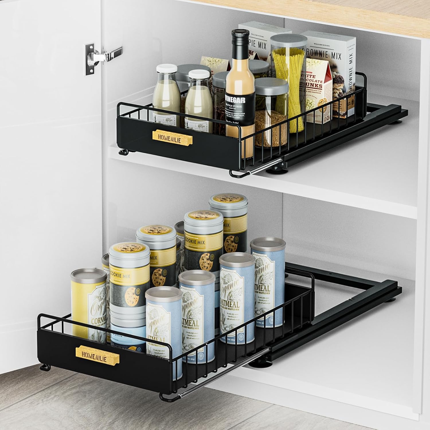 Under Sink Organizer, 2 Packs Under Sink Organizers and Storage, Slide Out Pull Out Cabinet Organizer Shelf with Metal Drawers for Kitchen Bathroom Pantry, Black Single Layer – 2 Pack Black