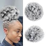 Yinmei Baibian Grey Afro Puff Drawstring Ponytail Hair Extensions Kinky Curly Puffs Hairpieces Synthetic Short Bun Hair Extensions Updo Hair for Black Women Girls (Black/Gray)