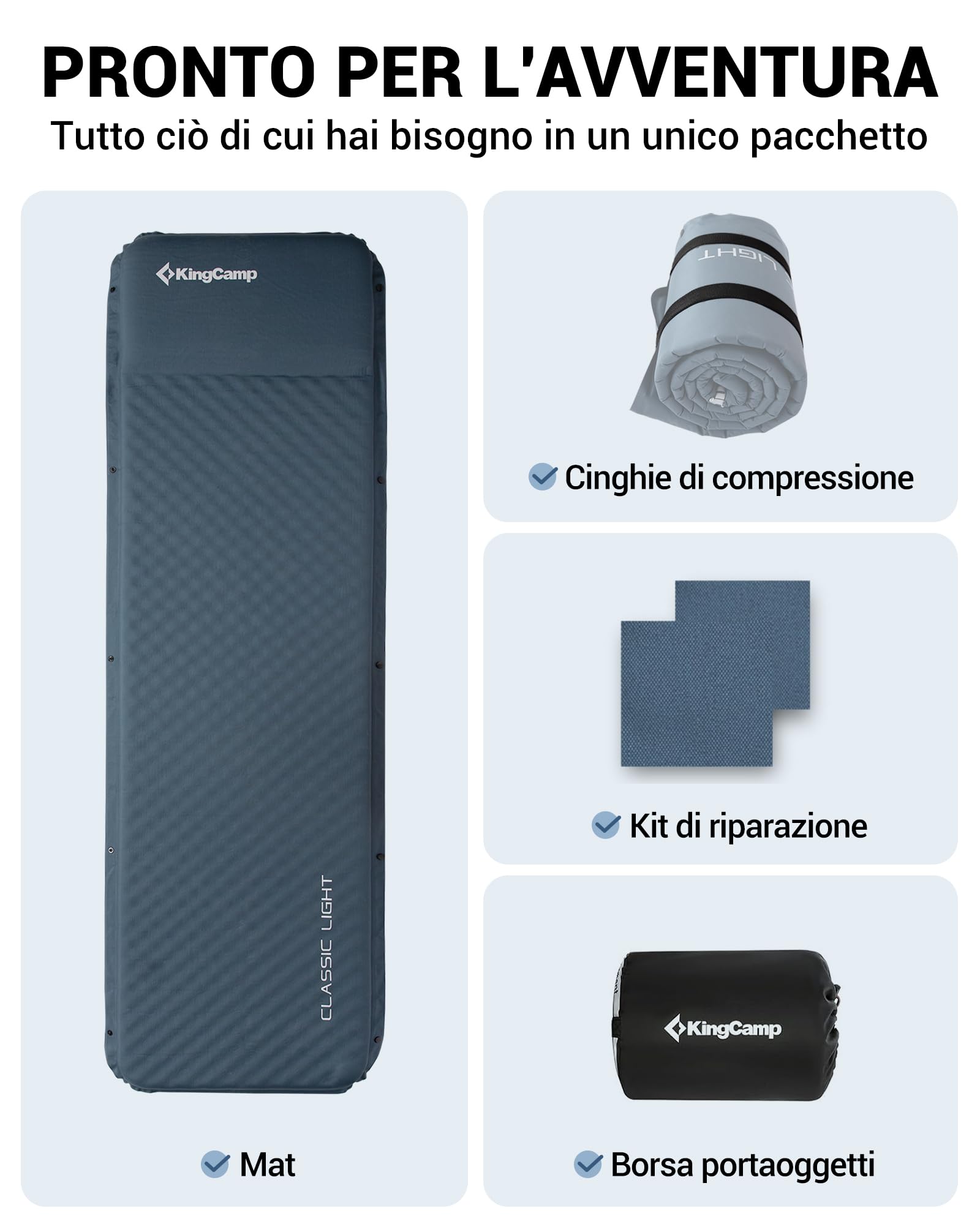 KingCamp Materassino Autogonfiabile Campeggio, Cuscino Integrato, 3cm | Ultraleggero, Compatto, Comodo, Collegabile, Impermeabile, Antistrappo, per Campeggio, Trekking, Viaggi, Tenda
