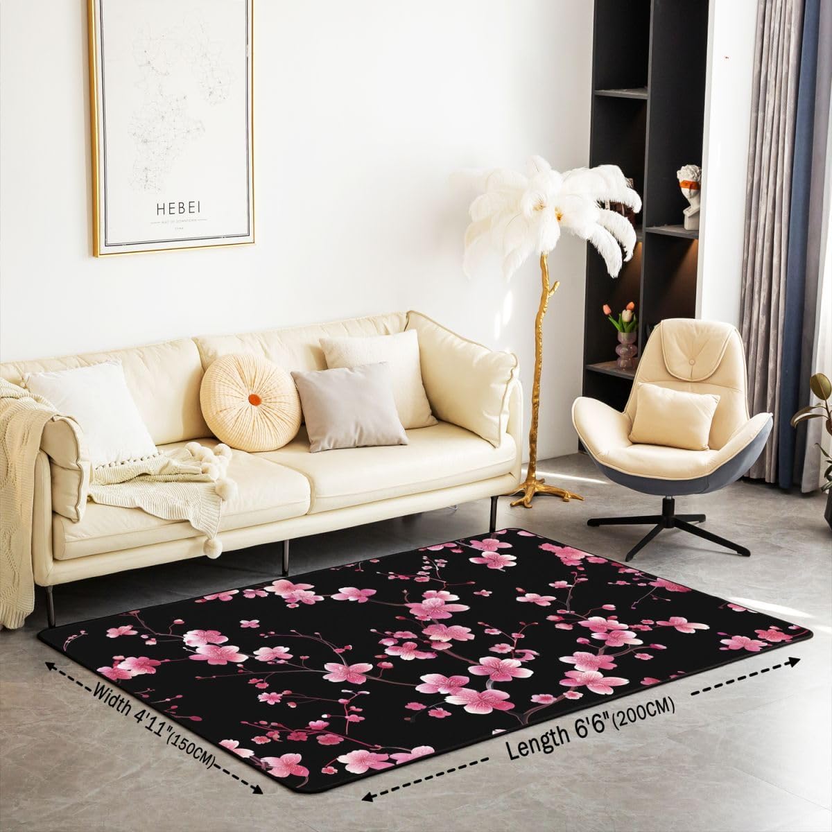 Erosebridal Retro 70S Theme Non Slip Rugs 5x7 for Bedroom Cherry Blossoms Area Rug Botanical Floral Carpet Non Shedding Natural Botanical Aesthetic Decorative Washable Rug