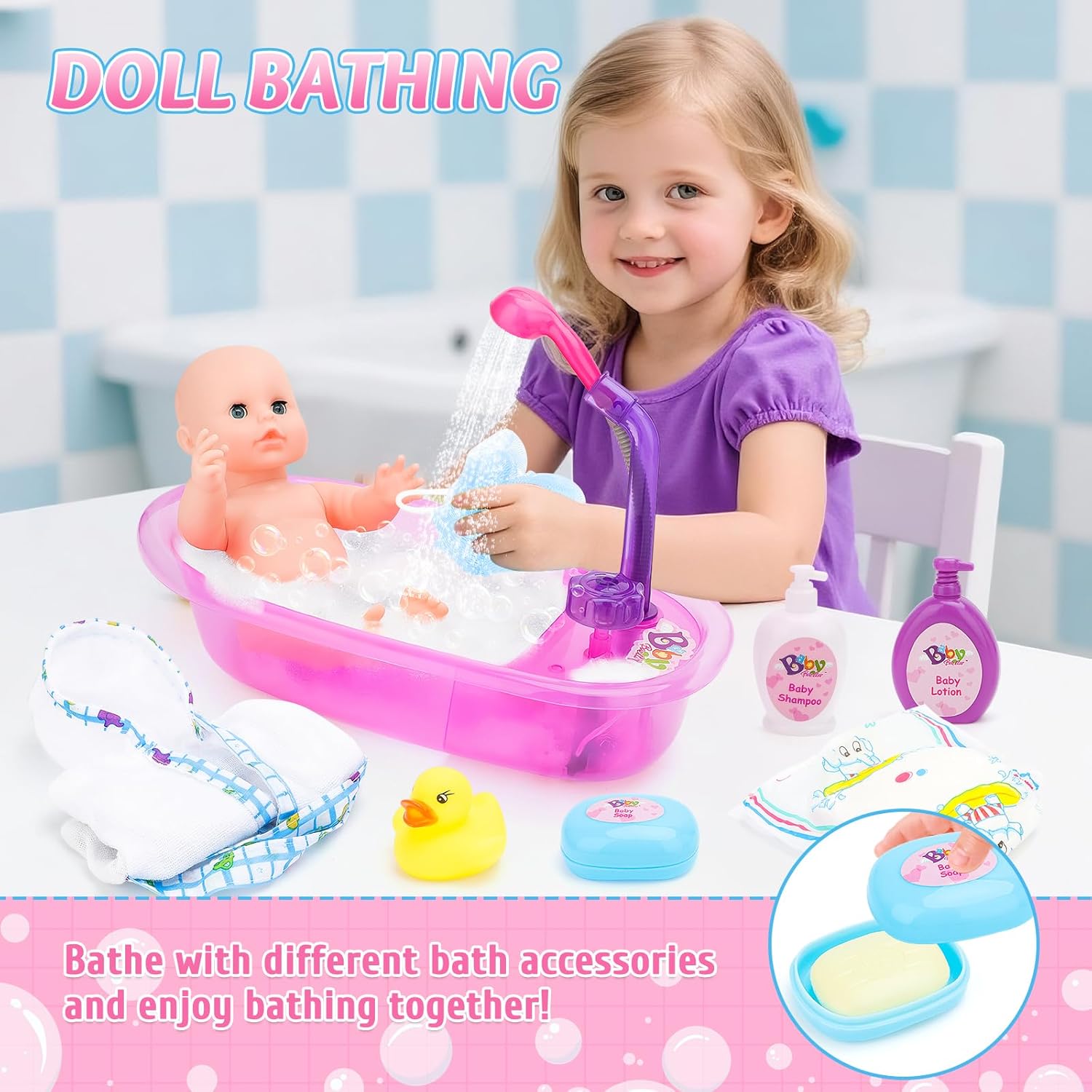 deAO Baby Doll Set,13 Inch Bath Time Baby Doll Playset with Working Shower Spray and Accessories for Kids,Baby Doll and Accessories with Bath Set, Great Pretend Play Toys for Girls