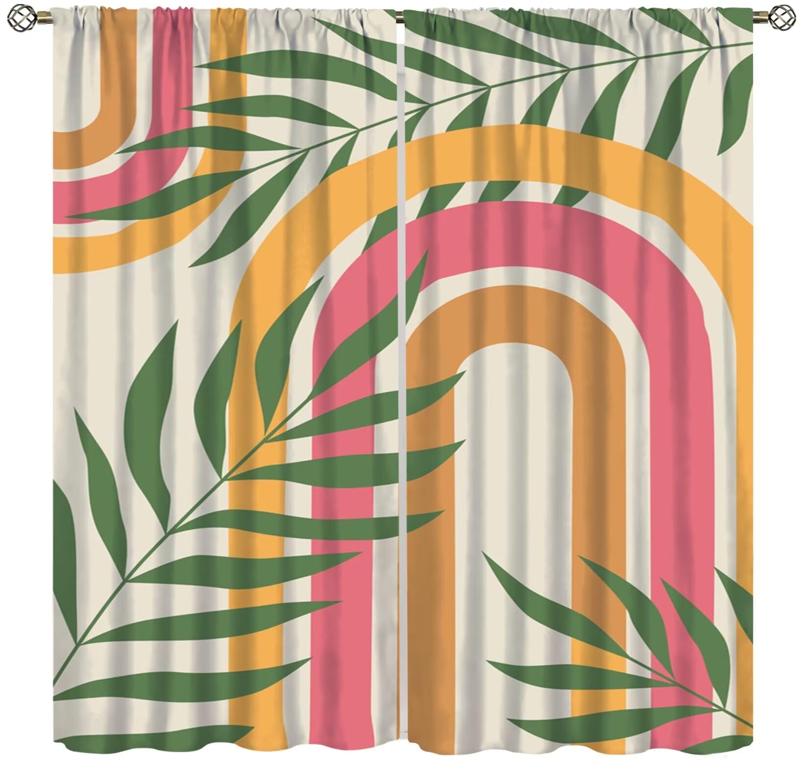 Boho Blackout Curtain,Mid Century Abstract Stripes Leaf Rod Pocket Curtain for Bedroom Dining Room Living Room Kitchen Office Cafe Set 2 Panels,63x63
